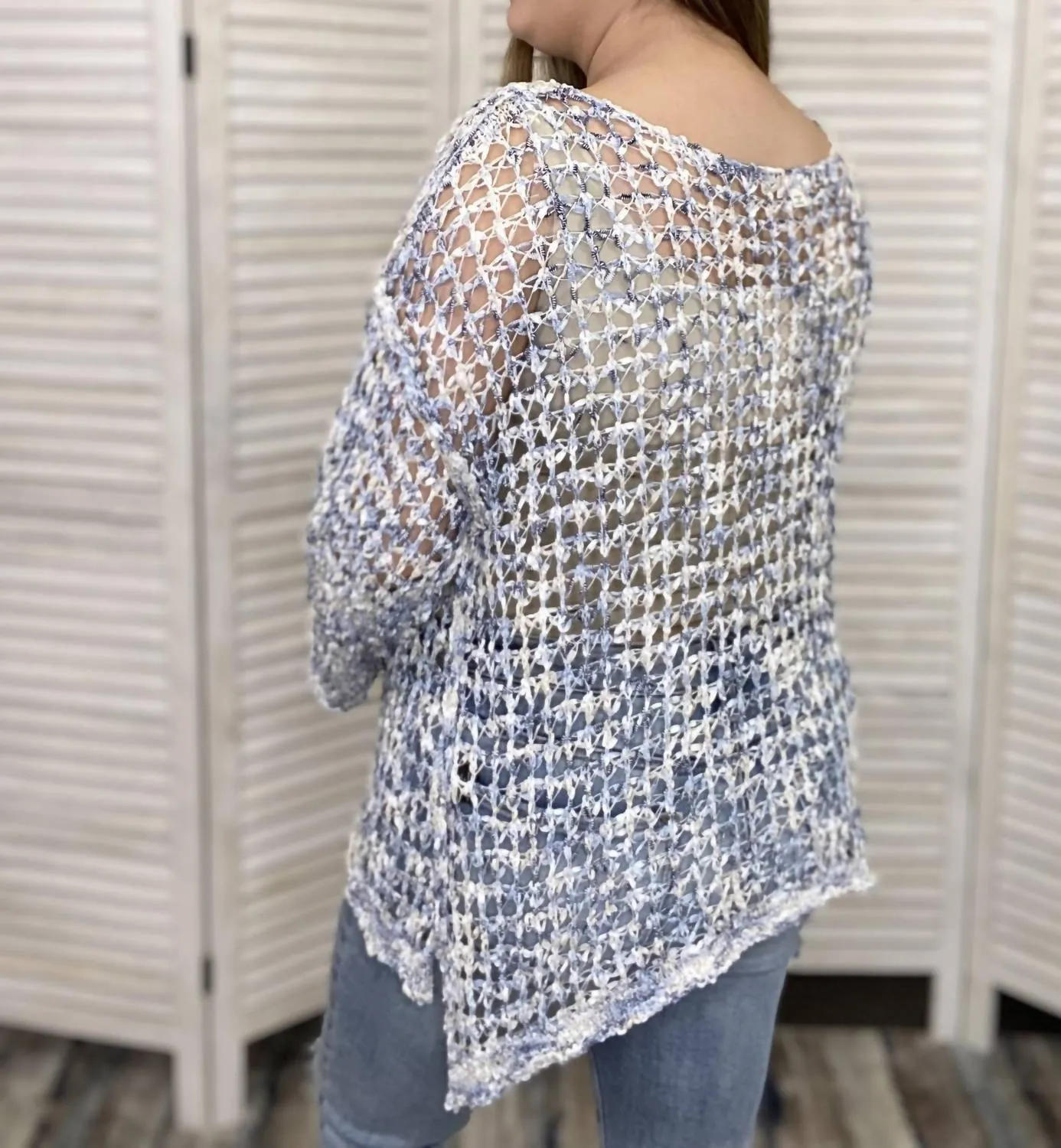 A Walk In The Morning Fish Net Long Sleeve Sweater In Blue Beige