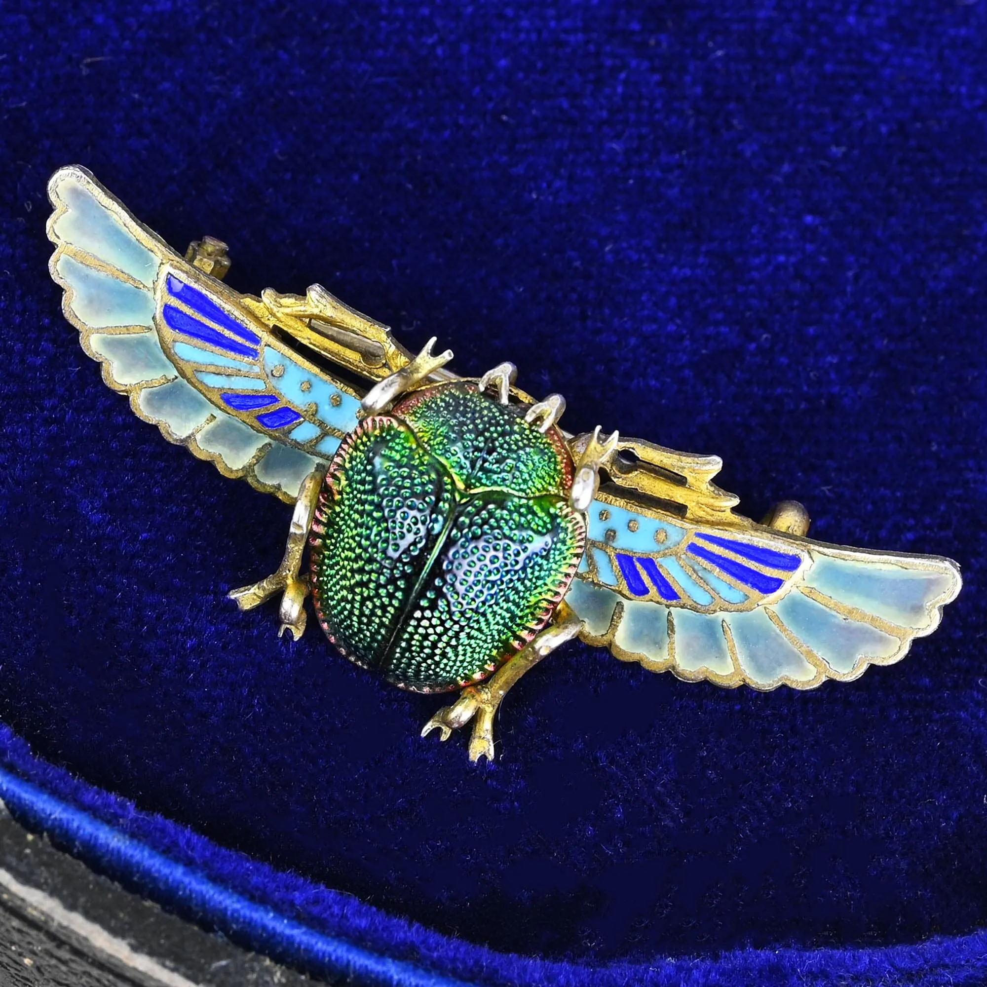 Antique Egyptian Revival Plique a Jour Real Scarab Brooch