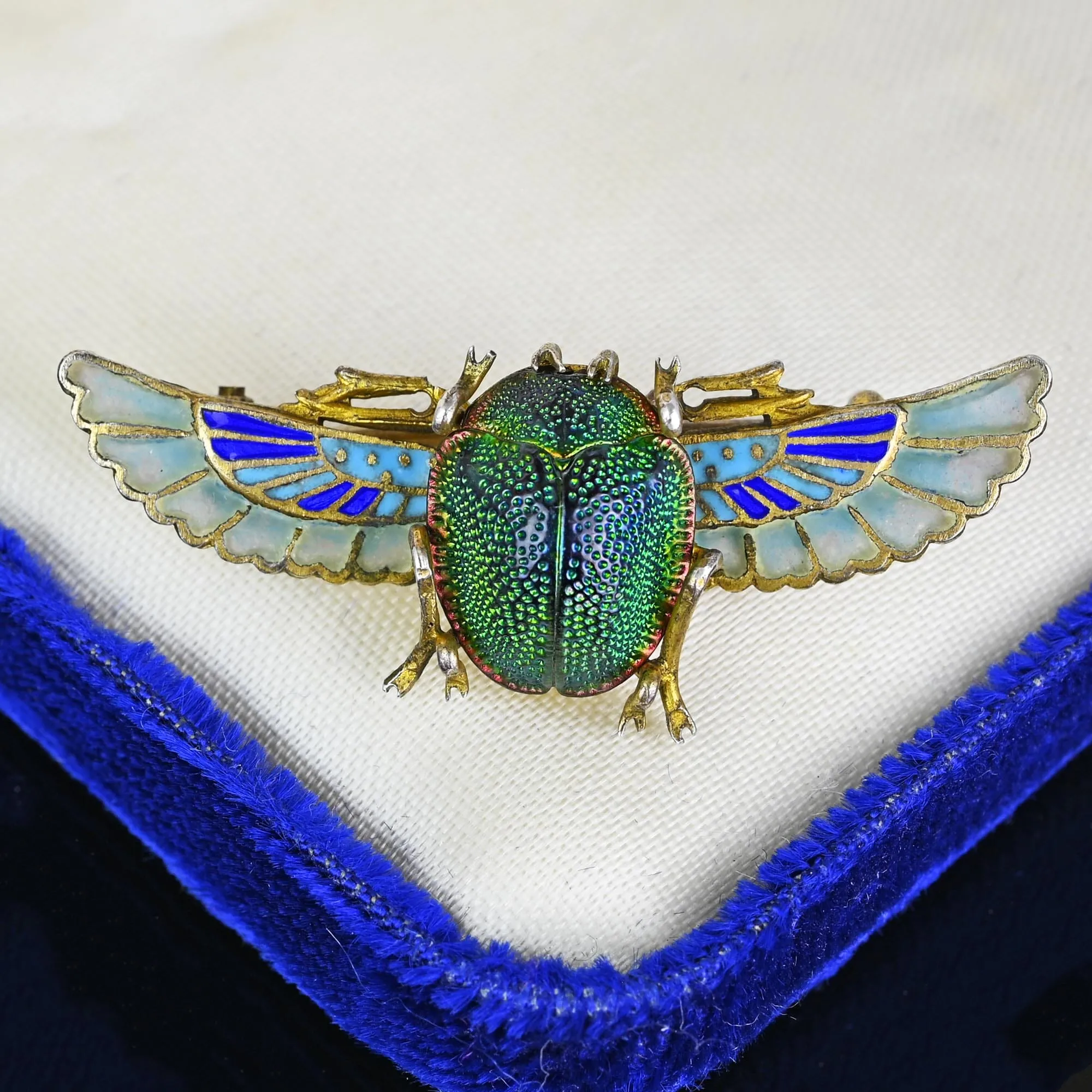 Antique Egyptian Revival Plique a Jour Real Scarab Brooch
