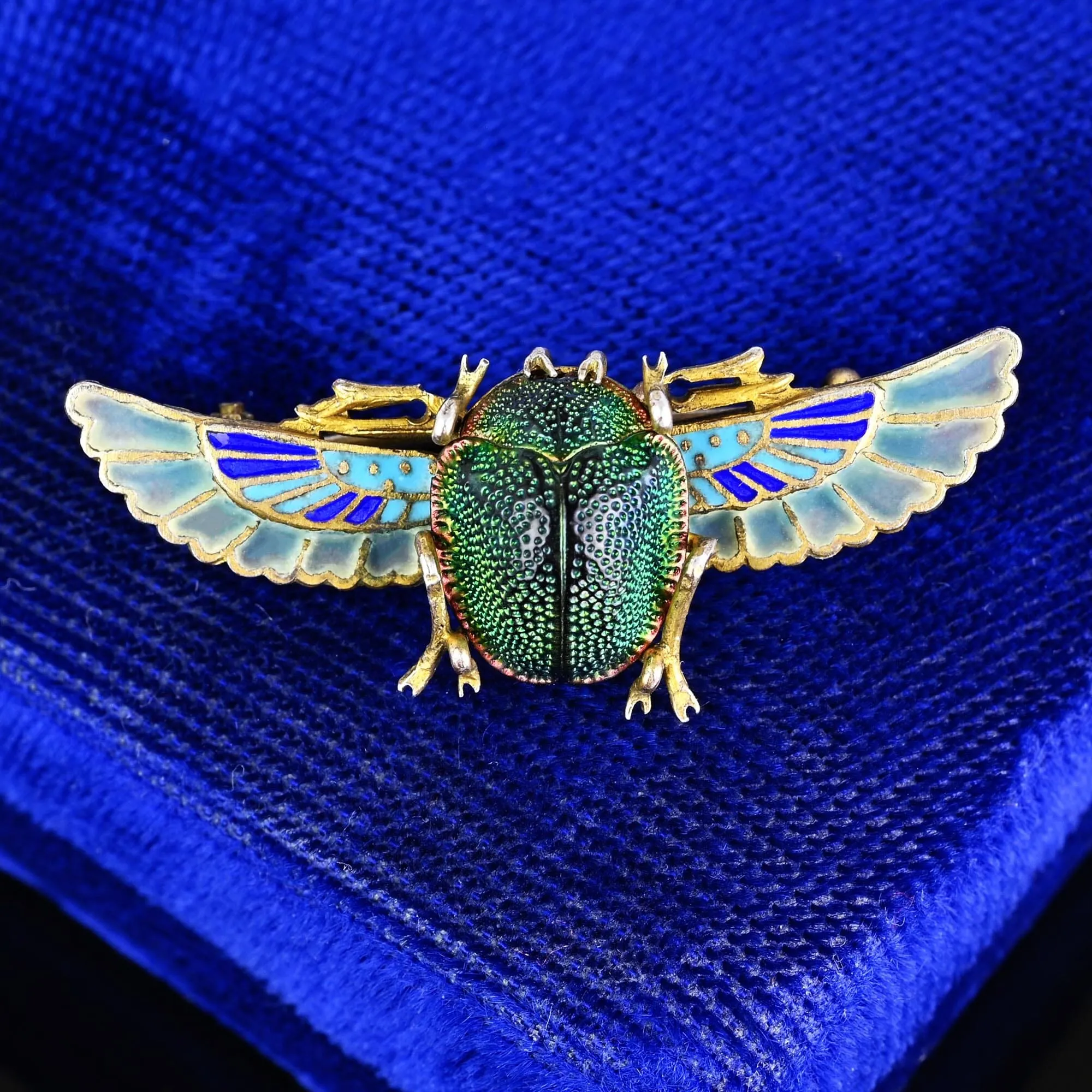 Antique Egyptian Revival Plique a Jour Real Scarab Brooch