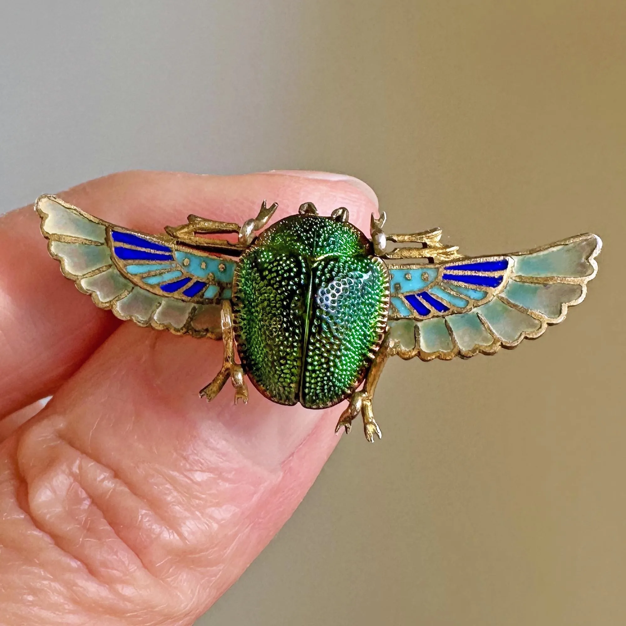 Antique Egyptian Revival Plique a Jour Real Scarab Brooch