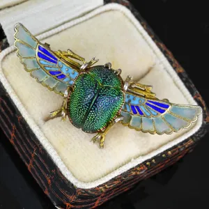 Antique Egyptian Revival Plique a Jour Real Scarab Brooch