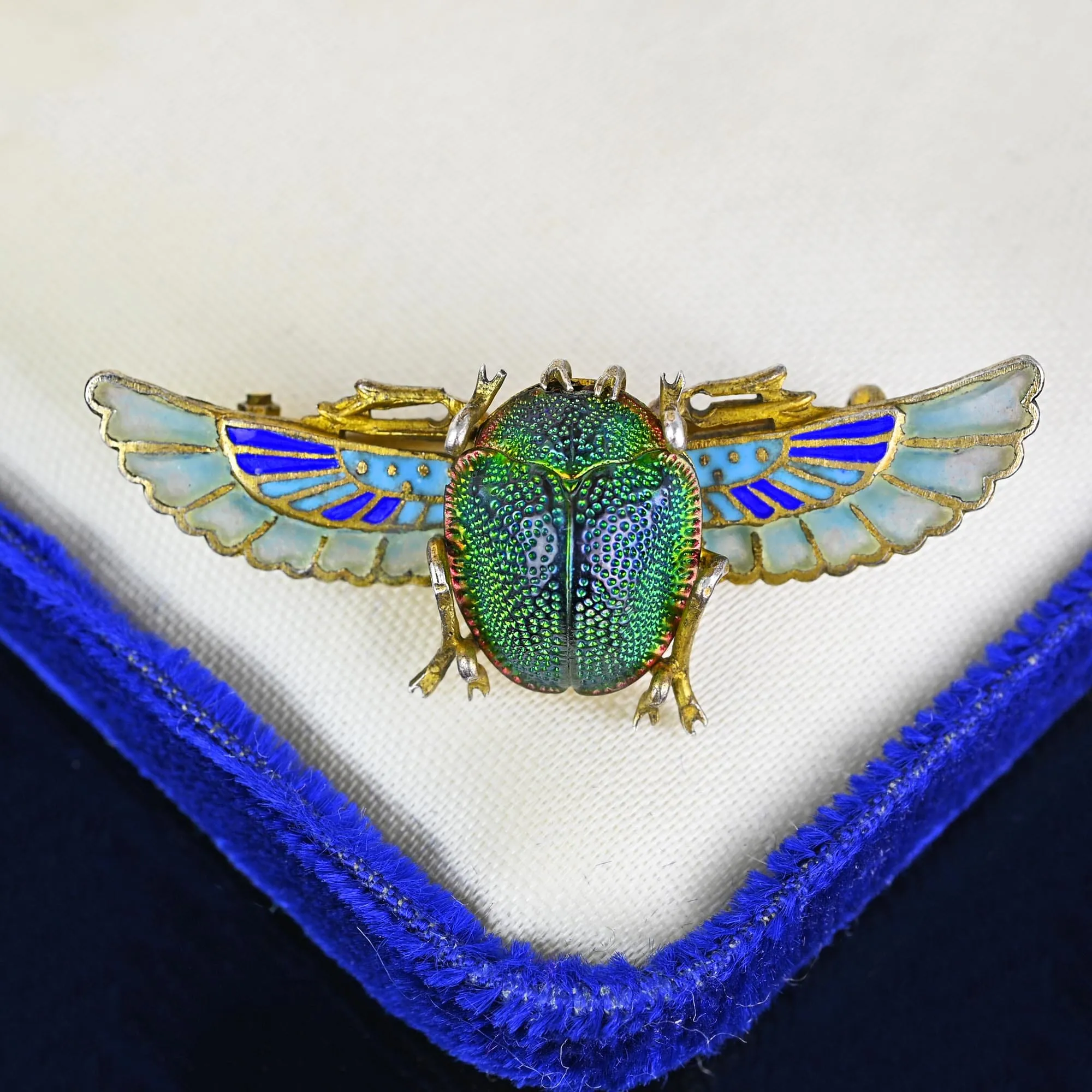 Antique Egyptian Revival Plique a Jour Real Scarab Brooch