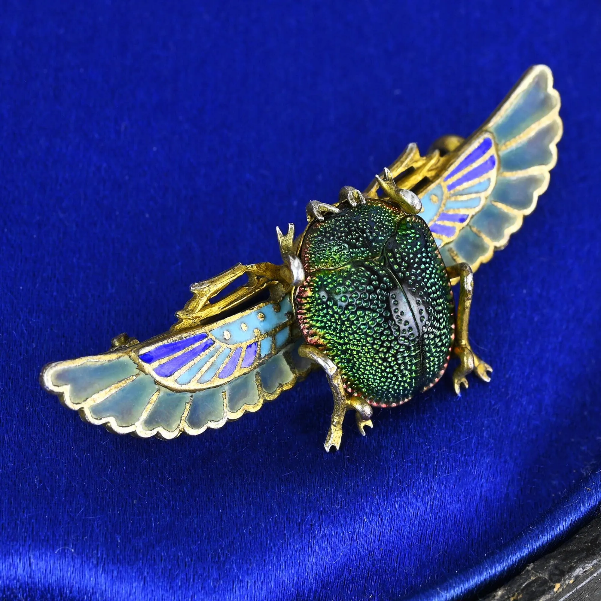 Antique Egyptian Revival Plique a Jour Real Scarab Brooch