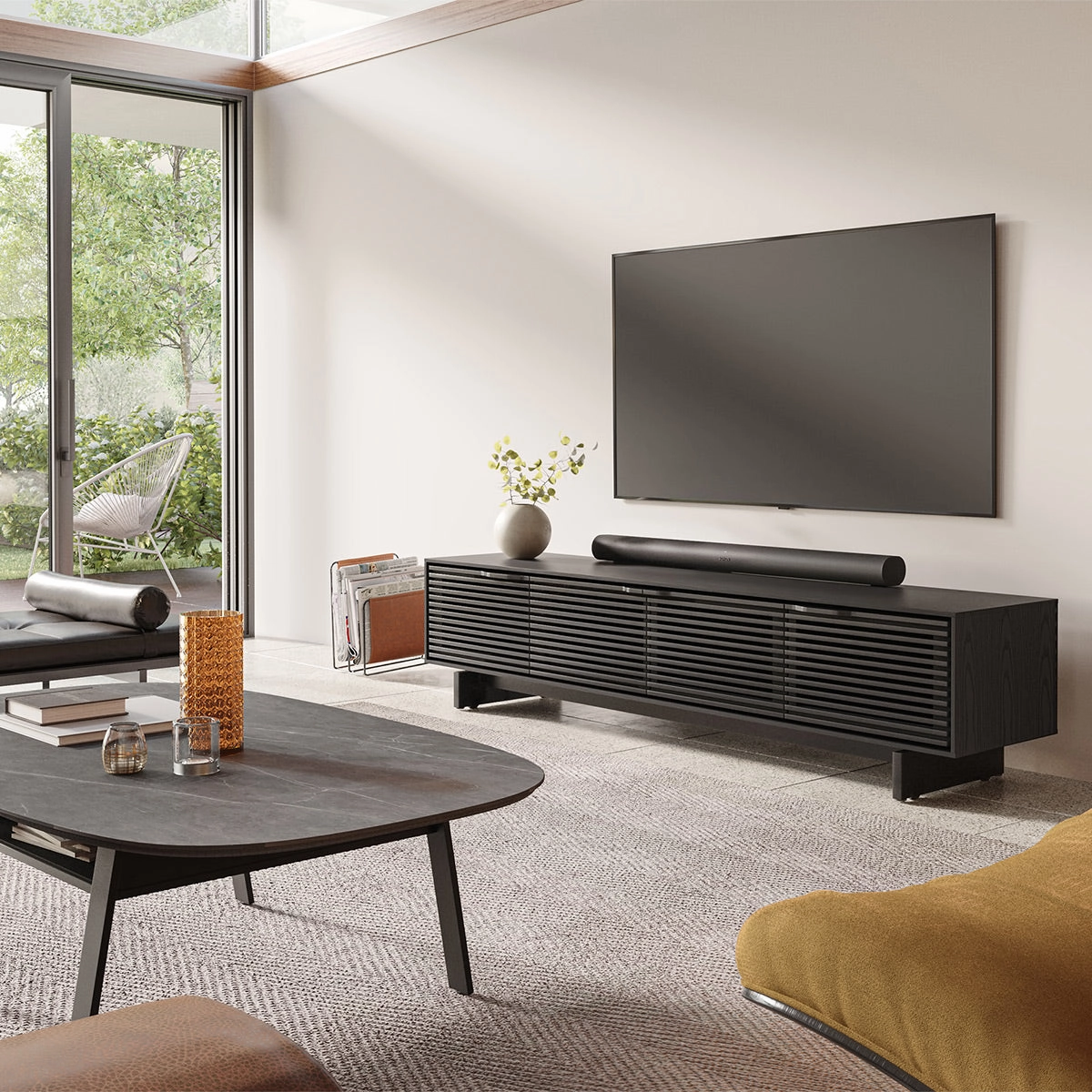 BDI Align 7473 Low 4-Door Cabinet with Media Base (Ebonized Ash)
