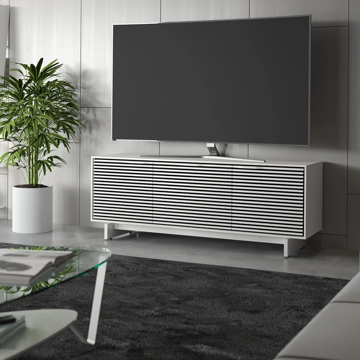 BDI Align 7477 3-Door Cabinet with Media Base (Satin White)