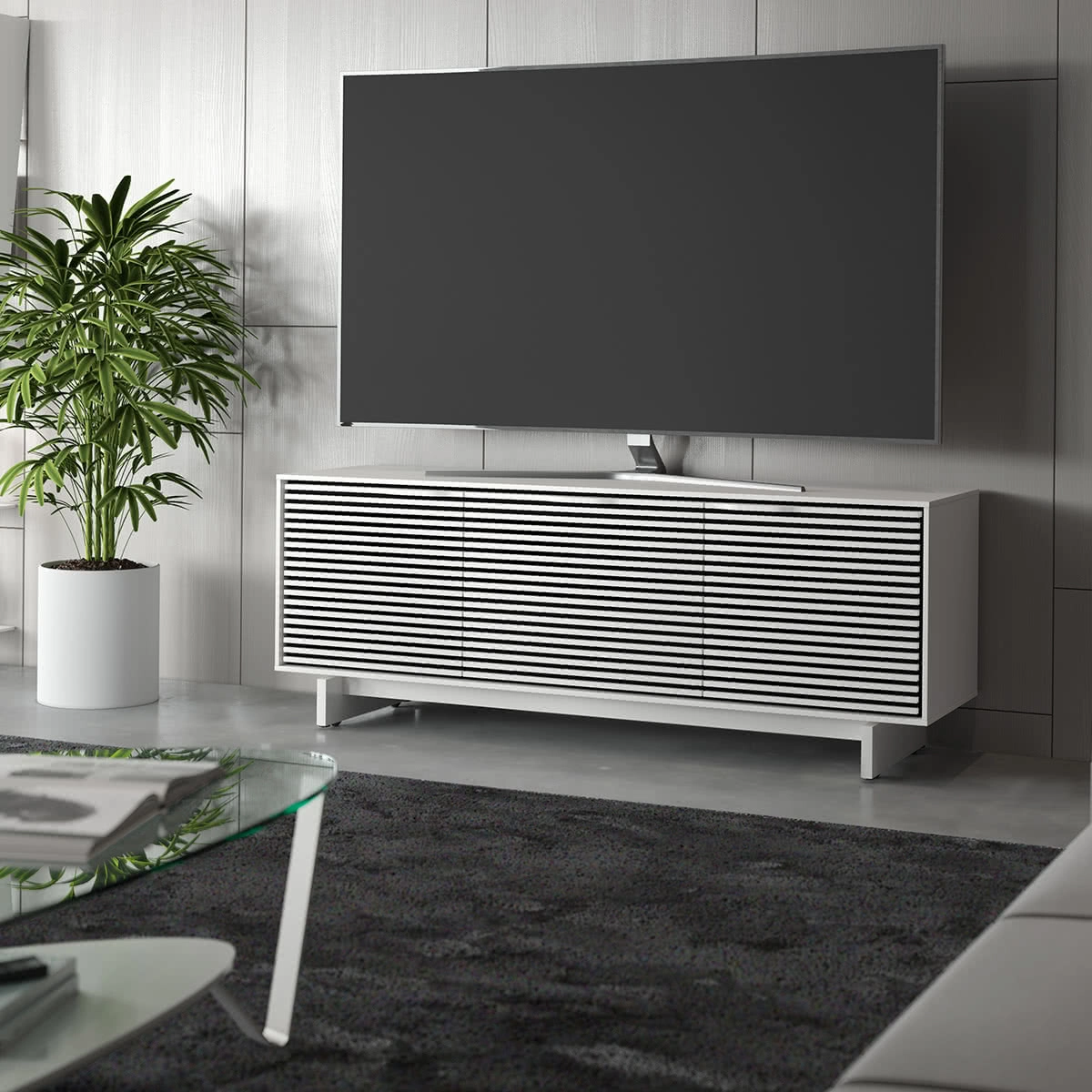 BDI Align 7477 3-Door Cabinet with Media Base (Satin White)