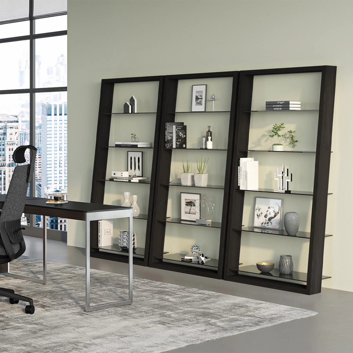 BDI Eileen 2.0 5166 Leaning Shelf with Grey-Tinted Glass Shelves (Charcoal Stained Ash)