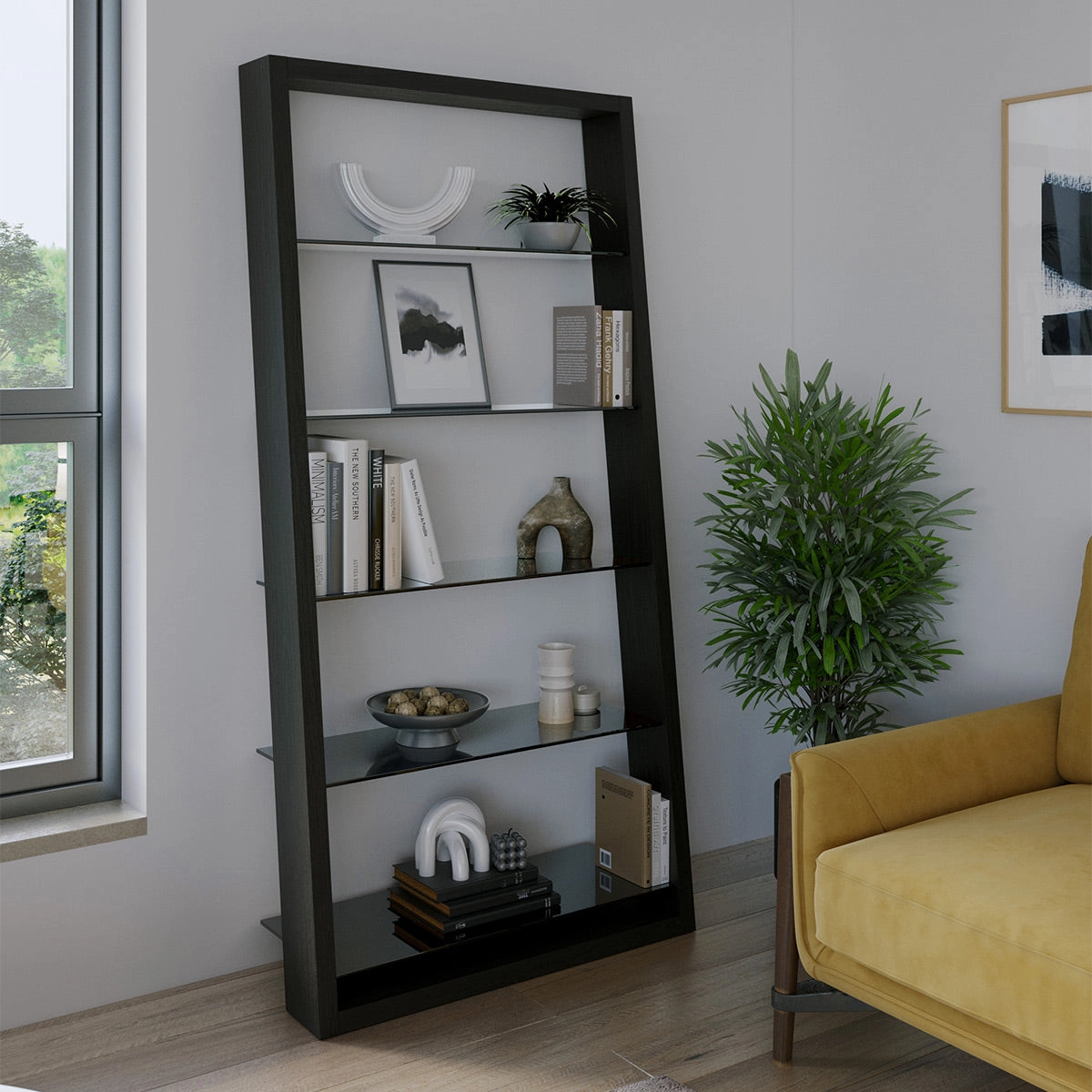 BDI Eileen 2.0 5166 Leaning Shelf with Grey-Tinted Glass Shelves (Charcoal Stained Ash)