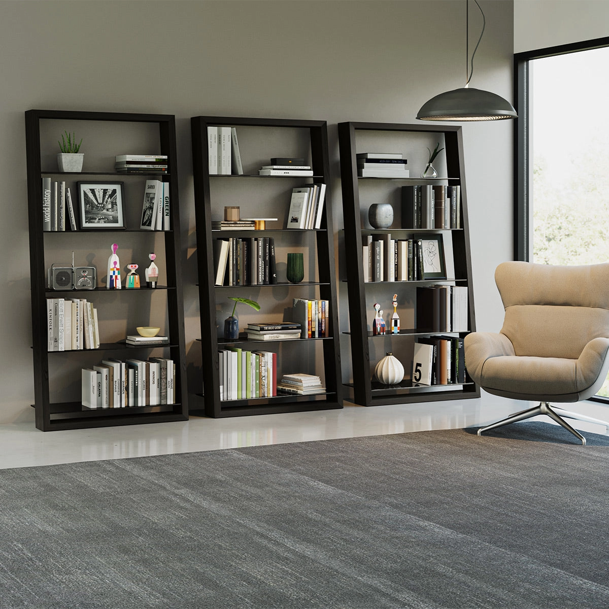 BDI Eileen 2.0 5166 Leaning Shelf with Grey-Tinted Glass Shelves (Charcoal Stained Ash)