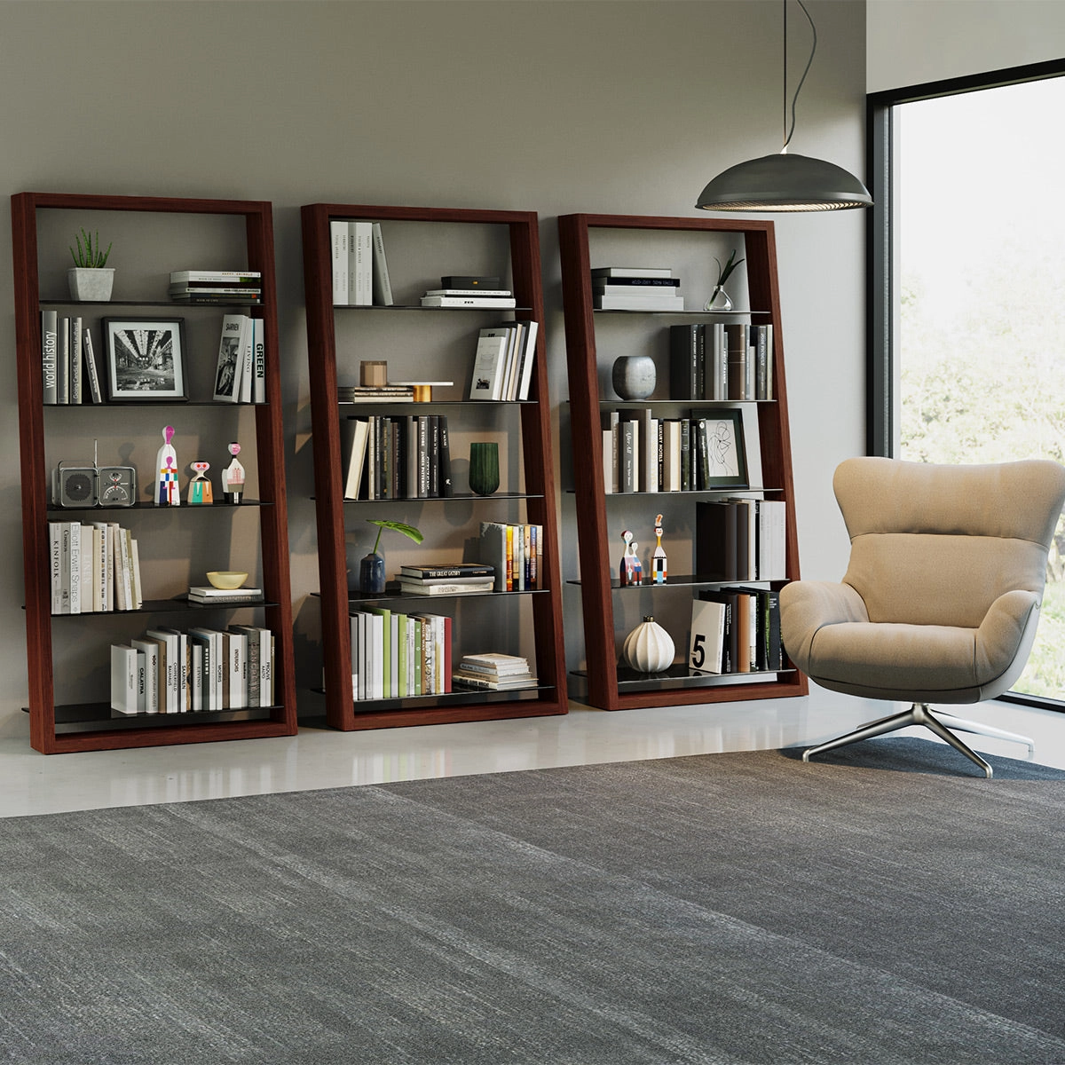 BDI Eileen 2.0 5166 Leaning Shelf with Grey-Tinted Glass Shelves (Chocolate Stained Walnut)