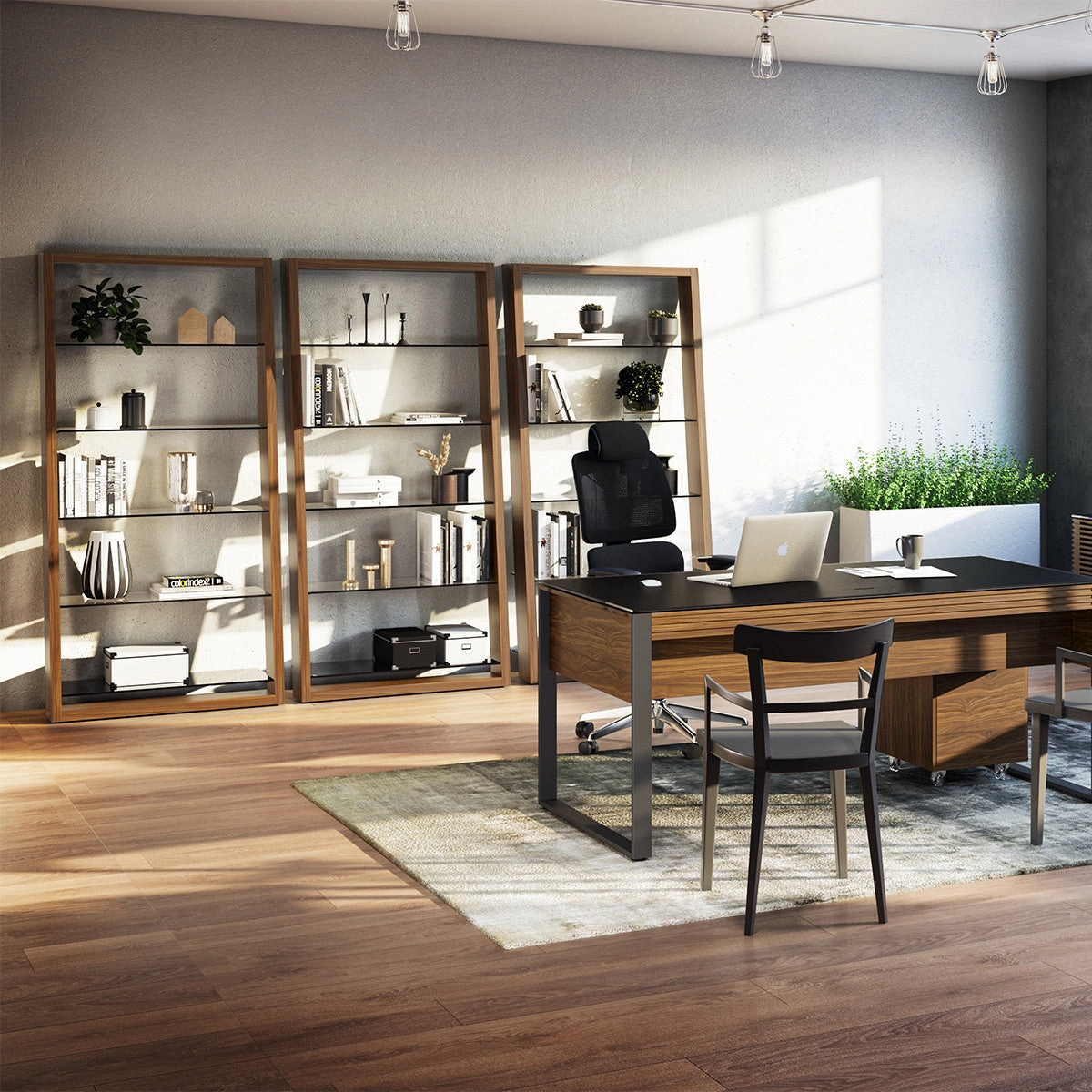 BDI Eileen 2.0 5166 Leaning Shelf with Grey-Tinted Glass Shelves (Natural Walnut)