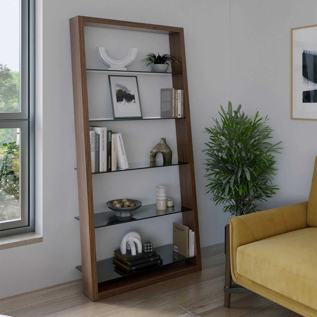 BDI Eileen 2.0 5166 Leaning Shelf with Grey-Tinted Glass Shelves (Natural Walnut)