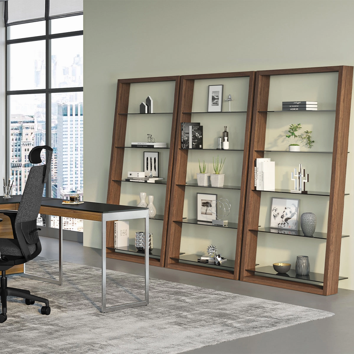 BDI Eileen 2.0 5166 Leaning Shelf with Grey-Tinted Glass Shelves (Natural Walnut)
