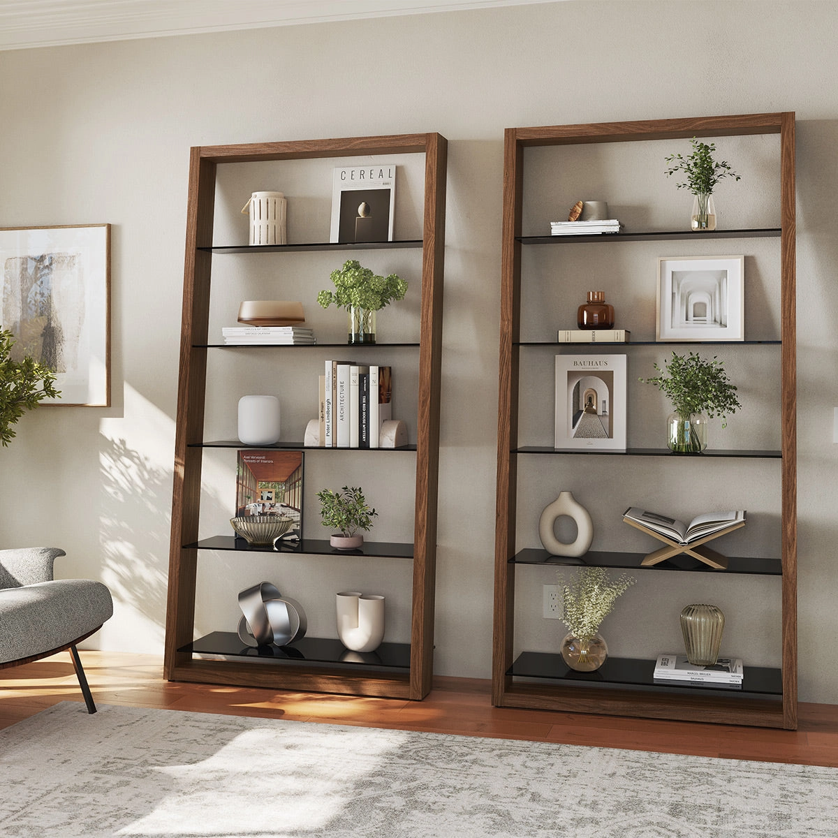 BDI Eileen 2.0 5166 Leaning Shelf with Grey-Tinted Glass Shelves (Natural Walnut)