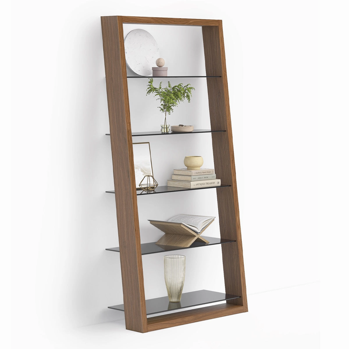 BDI Eileen 2.0 5166 Leaning Shelf with Grey-Tinted Glass Shelves (Natural Walnut)