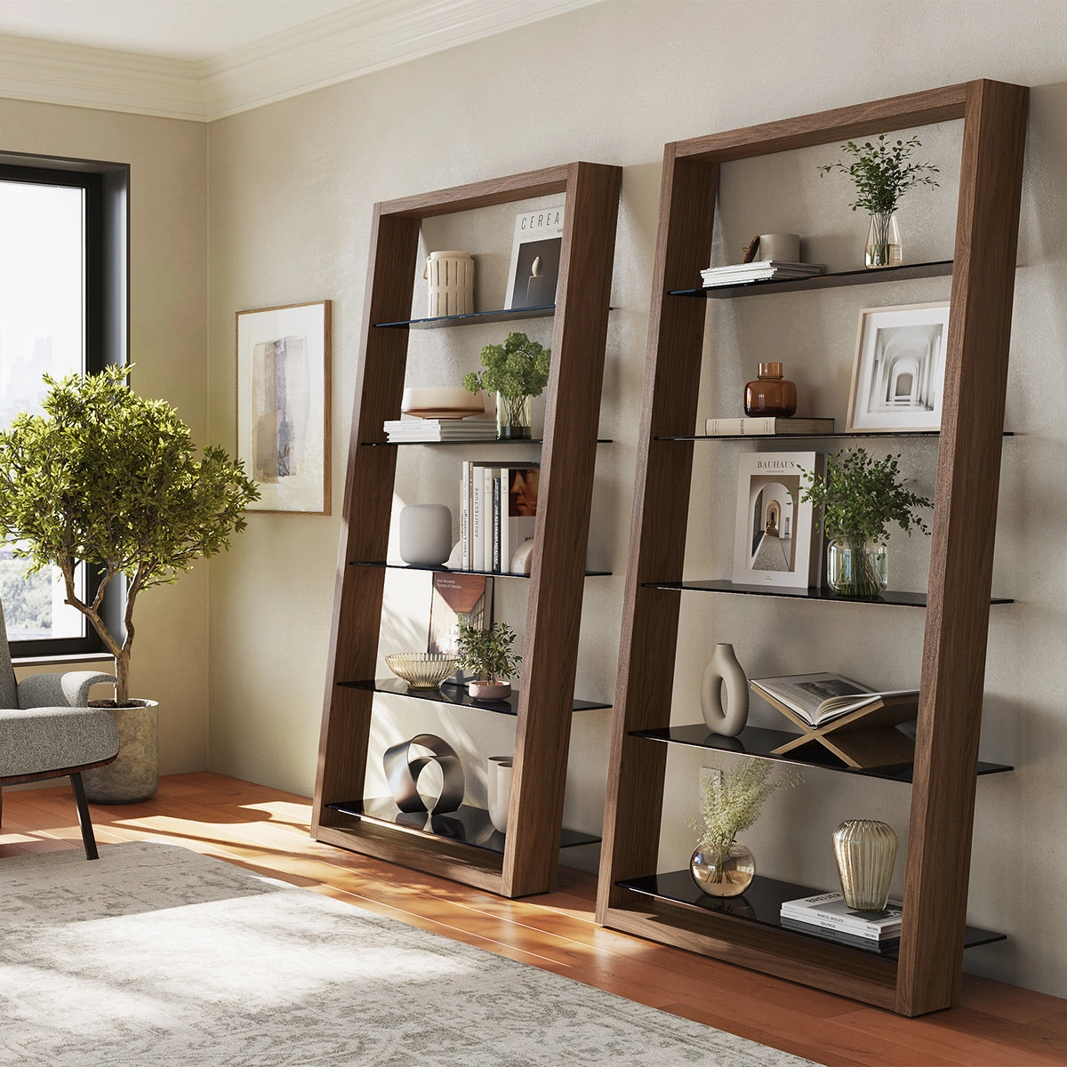 BDI Eileen 2.0 5166 Leaning Shelf with Grey-Tinted Glass Shelves (Natural Walnut)