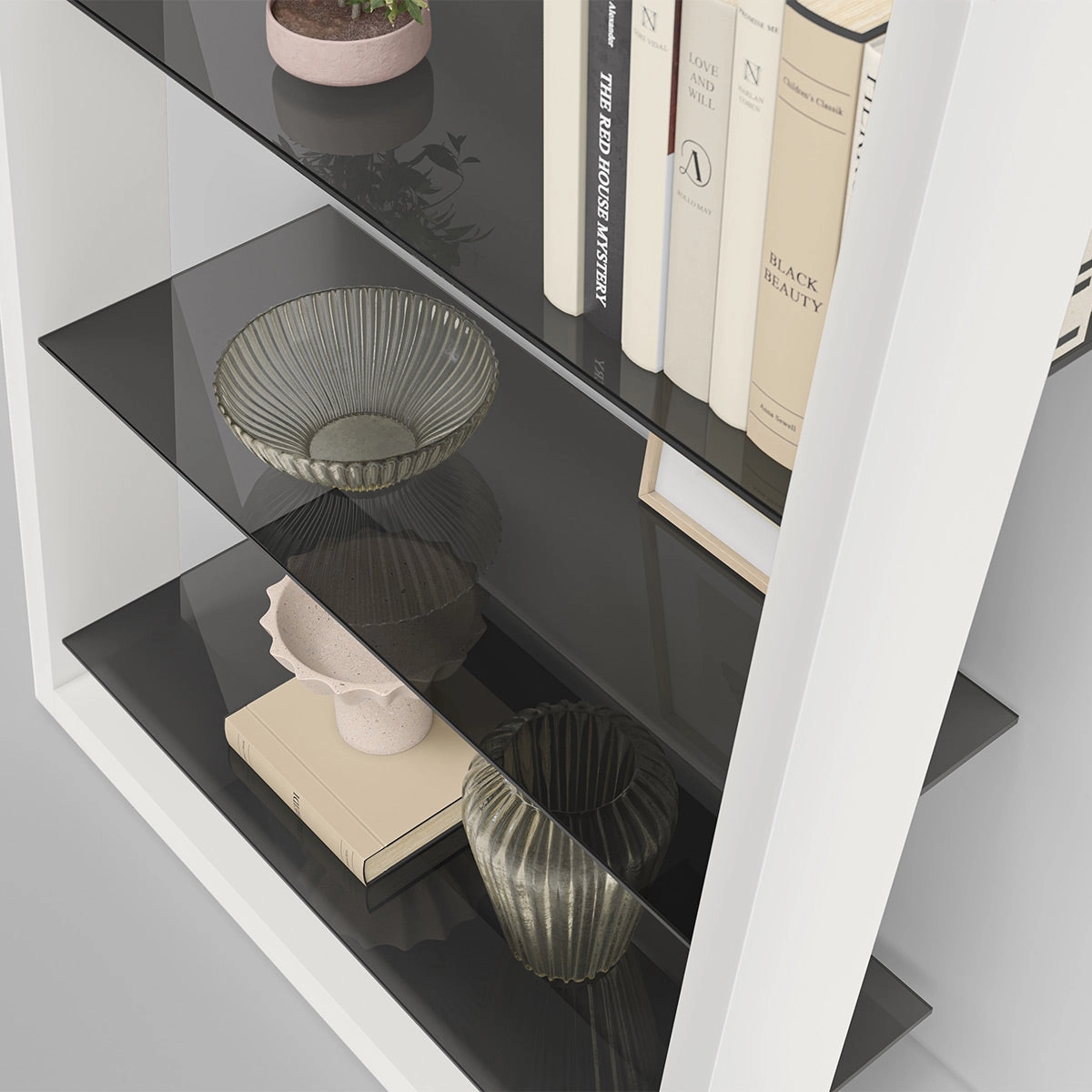 BDI Eileen 2.0 5166 Leaning Shelf with Grey-Tinted Glass Shelves (Satin White)