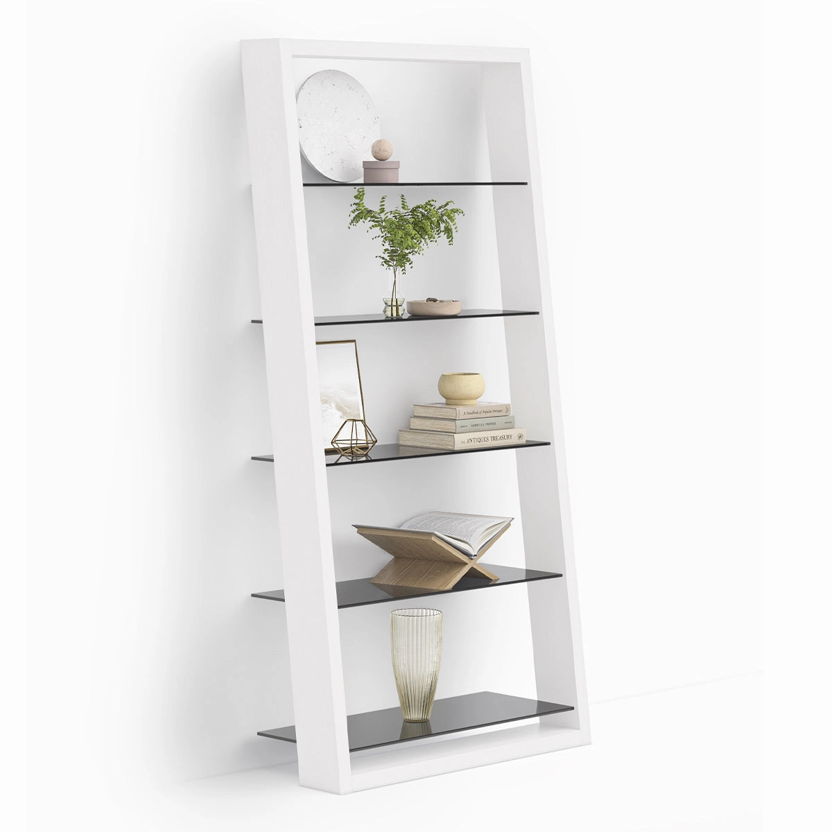 BDI Eileen 2.0 5166 Leaning Shelf with Grey-Tinted Glass Shelves (Satin White)