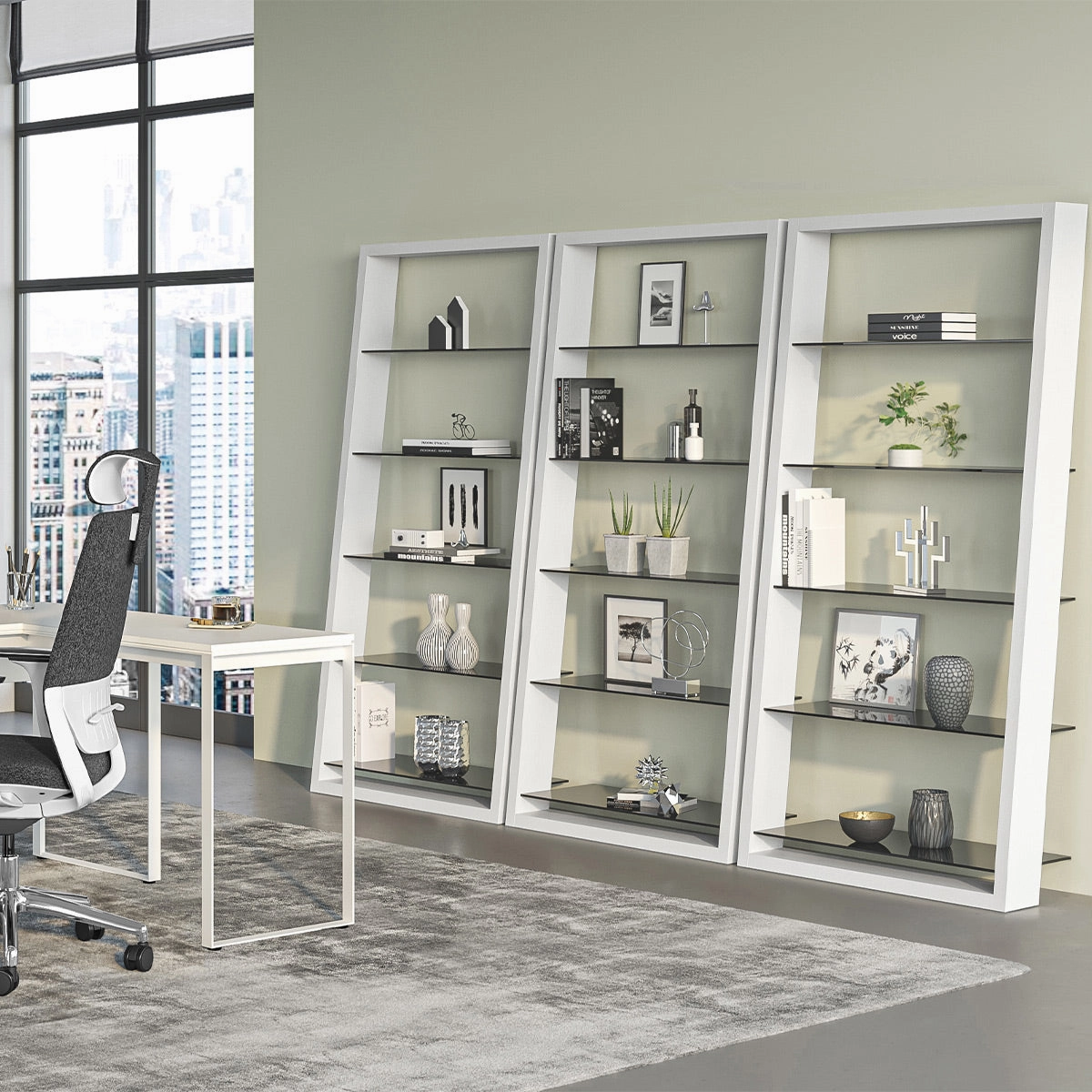 BDI Eileen 2.0 5166 Leaning Shelf with Grey-Tinted Glass Shelves (Satin White)