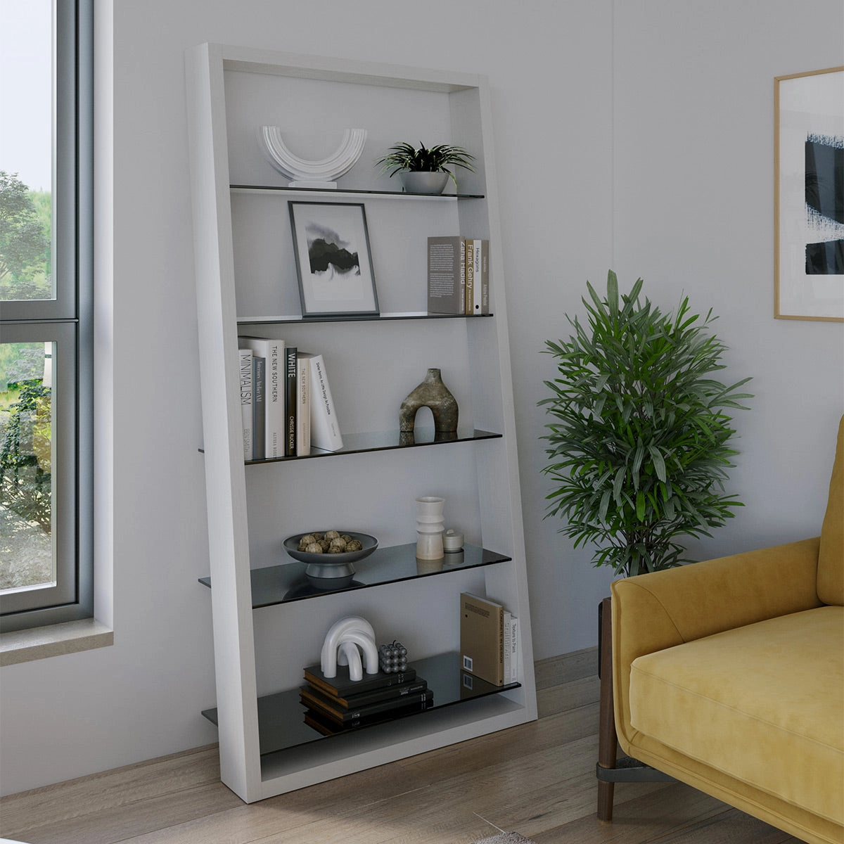 BDI Eileen 2.0 5166 Leaning Shelf with Grey-Tinted Glass Shelves (Satin White)