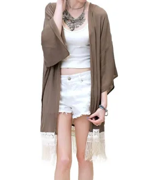 Bohemian Crochet & Fringe Kimono Jacket In Olive