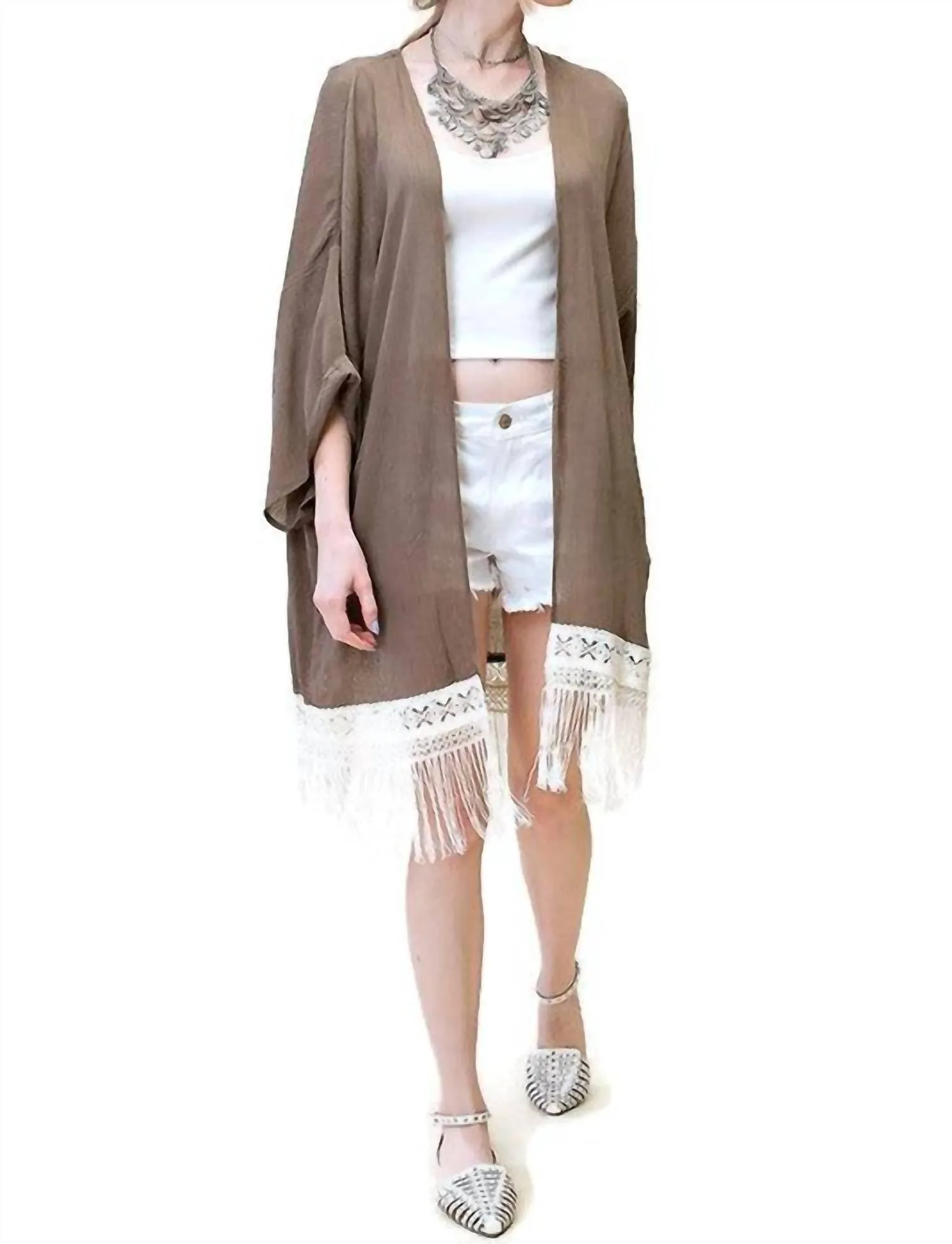 Bohemian Crochet & Fringe Kimono Jacket In Olive