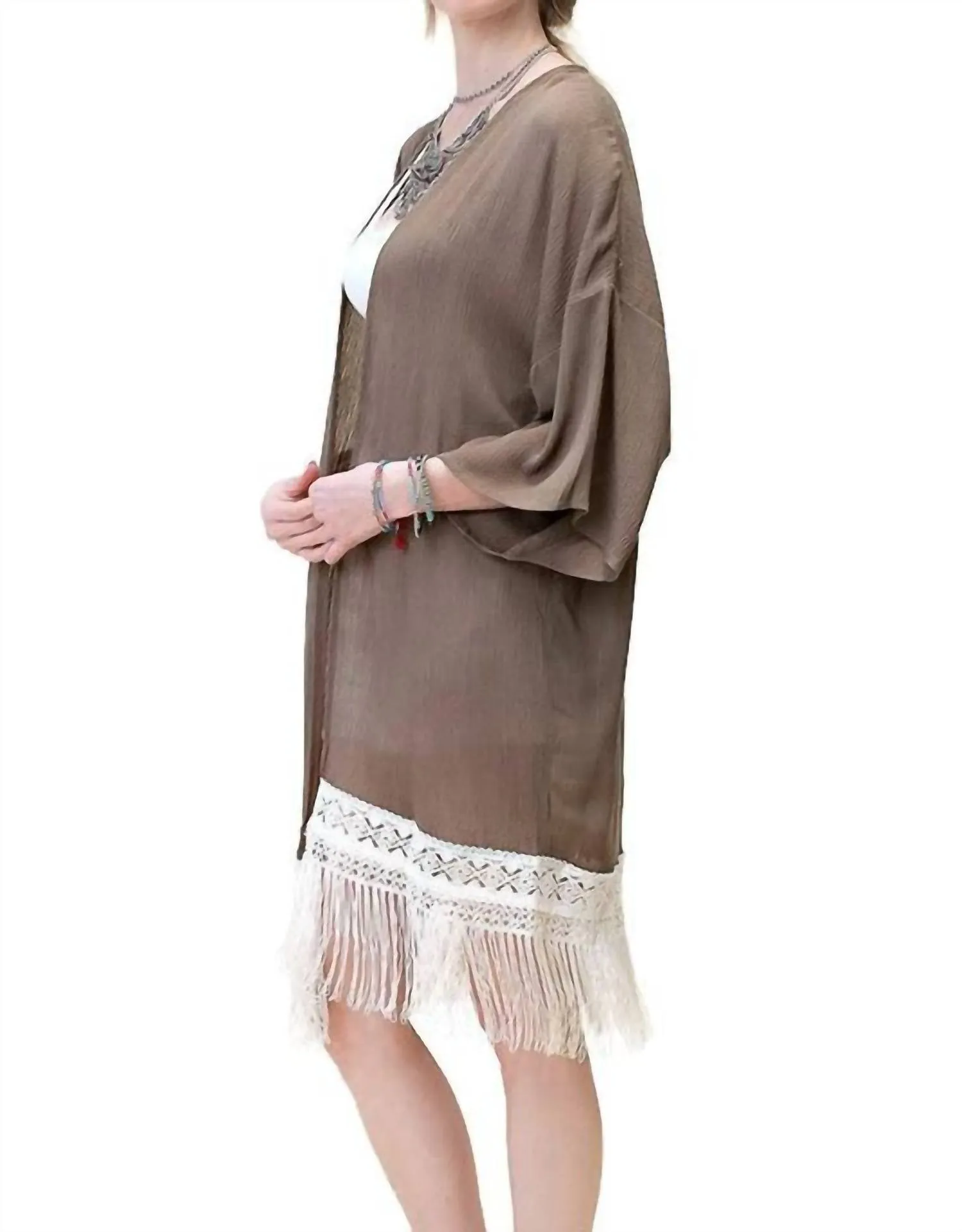 Bohemian Crochet & Fringe Kimono Jacket In Olive