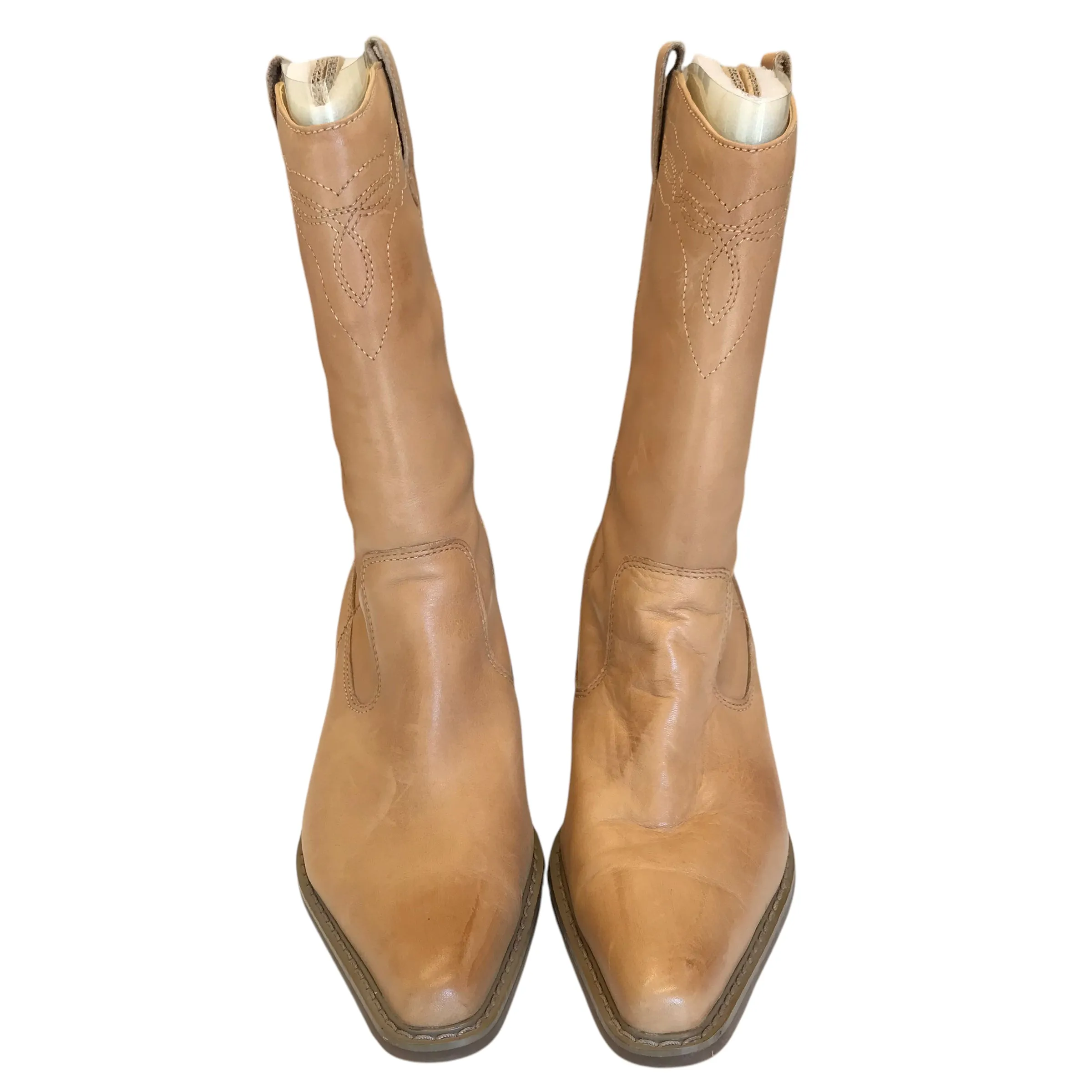 Boots Mid-Calf Heels In Tan, Size:6.5