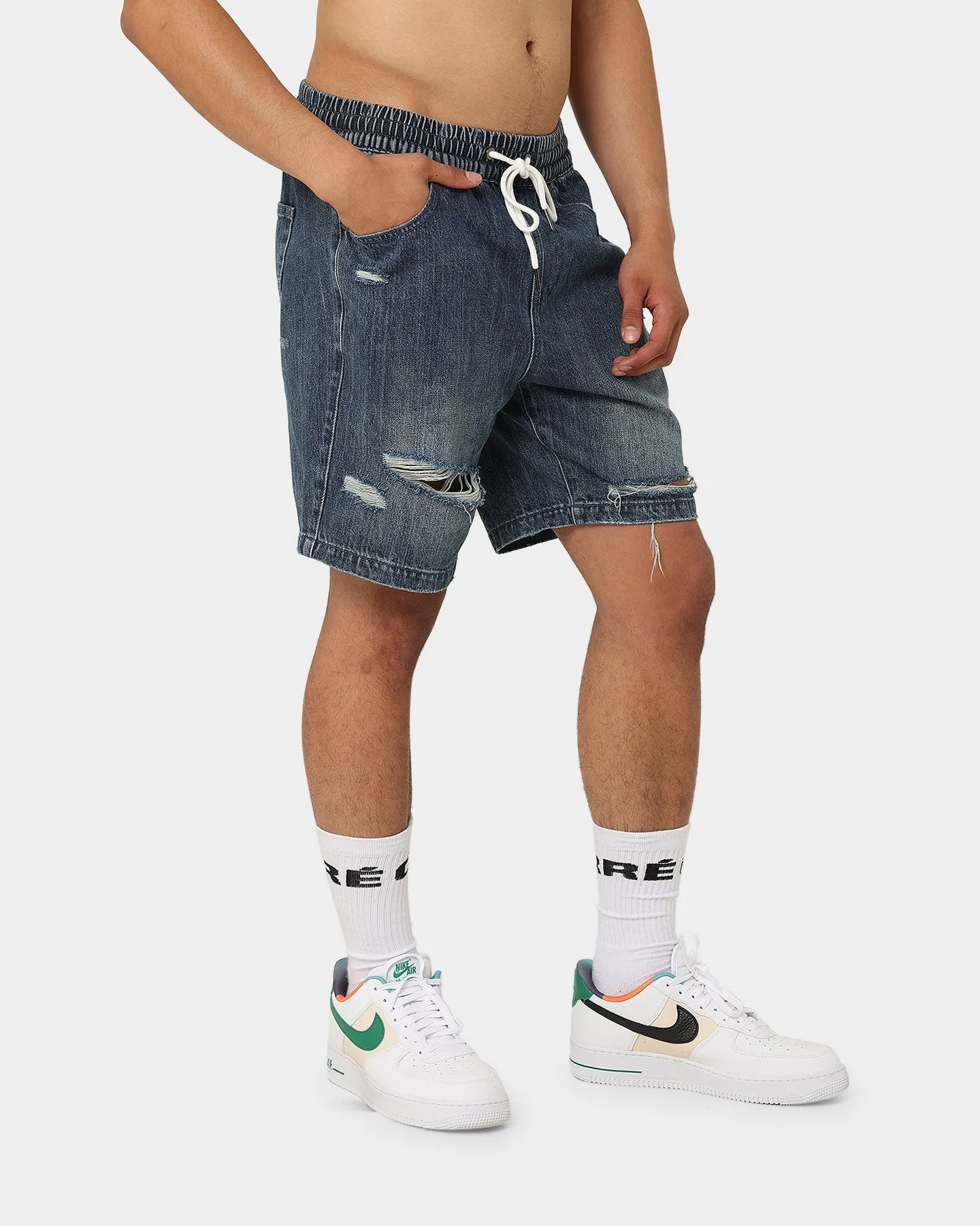 Carre Bouffant Distressed Shorts Blue
