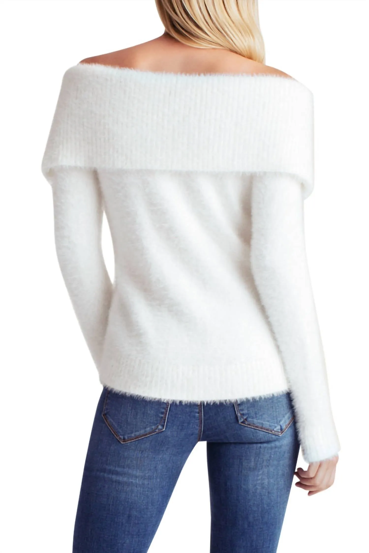 Fur Yarn Long Sleeve Off The Shoulder Sweater In White