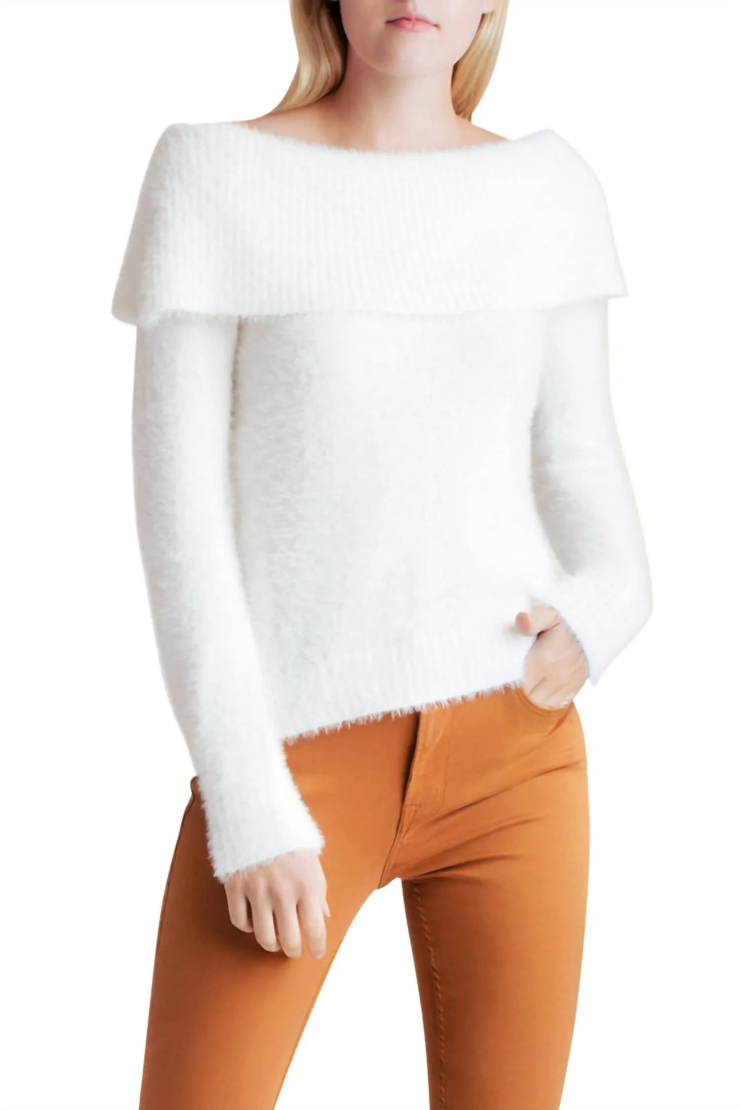 Fur Yarn Long Sleeve Off The Shoulder Sweater In White