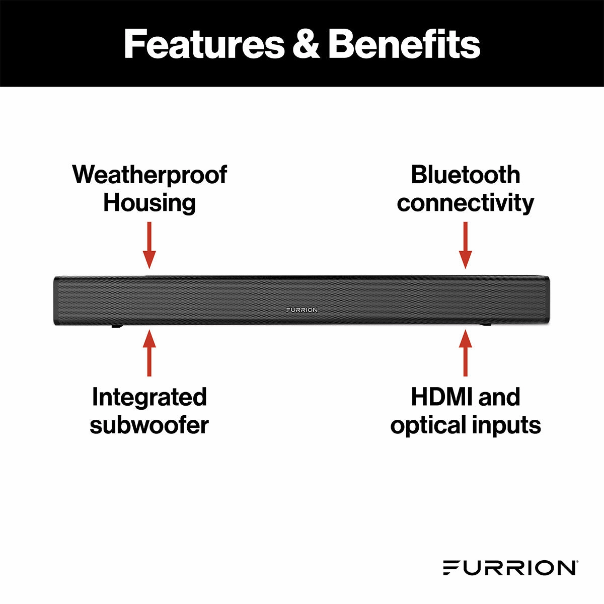 Furrion Aurora 70W 2.1 Outdoor Soundbar with Built-In Subwoofer Bluetooth HDMI-ARC & Optical Input