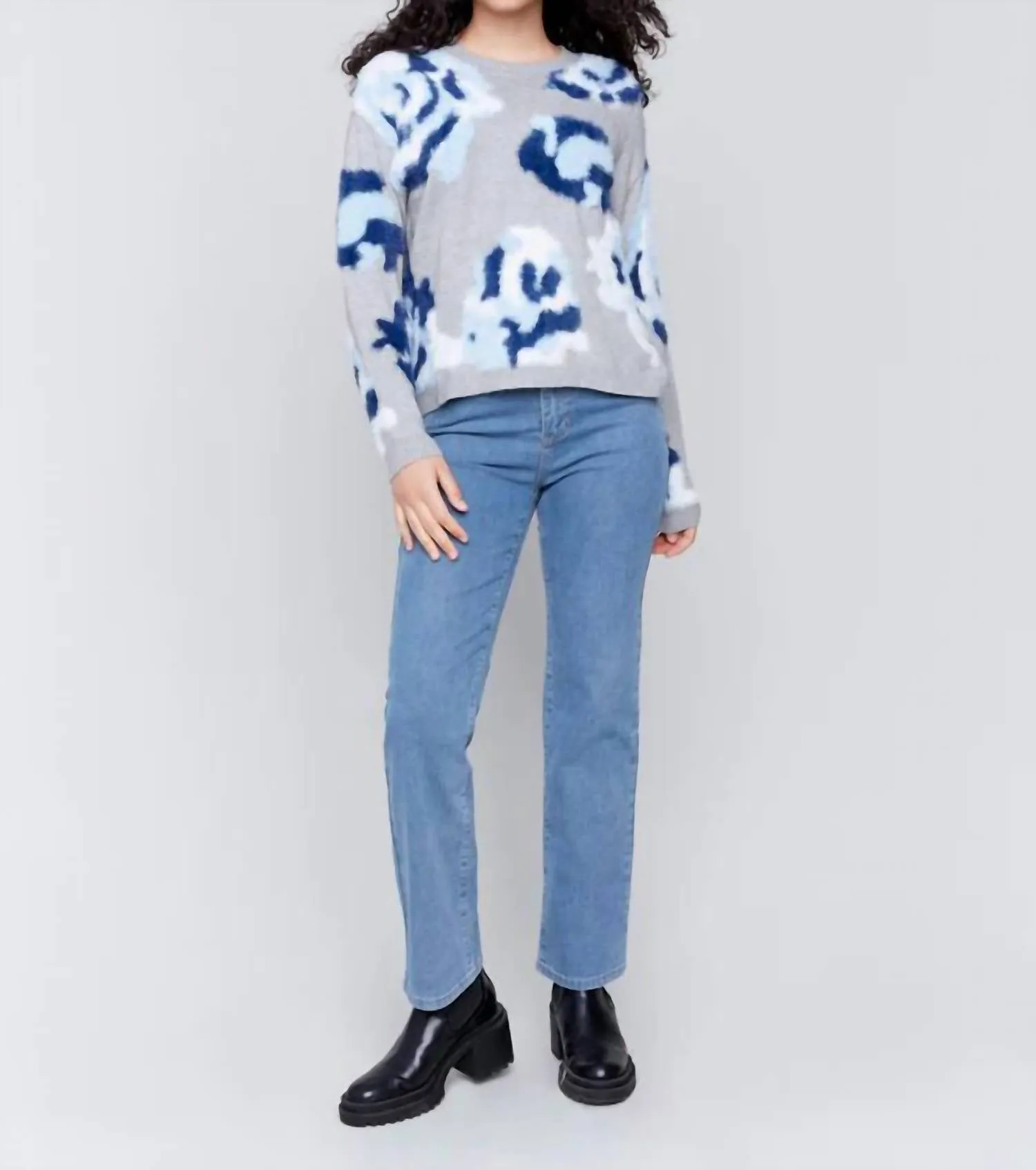 Fuzzy Floral Jacquard Sweater In Grey