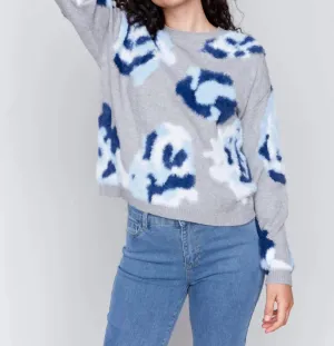 Fuzzy Floral Jacquard Sweater In Grey