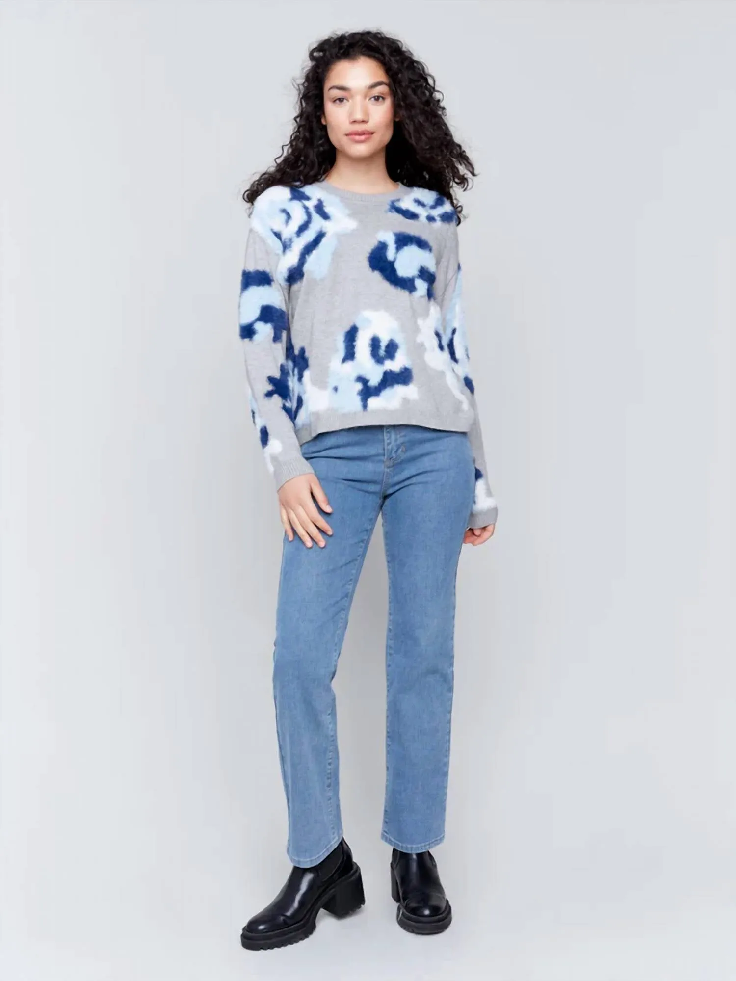 Fuzzy Floral Jacquard Sweater In Grey