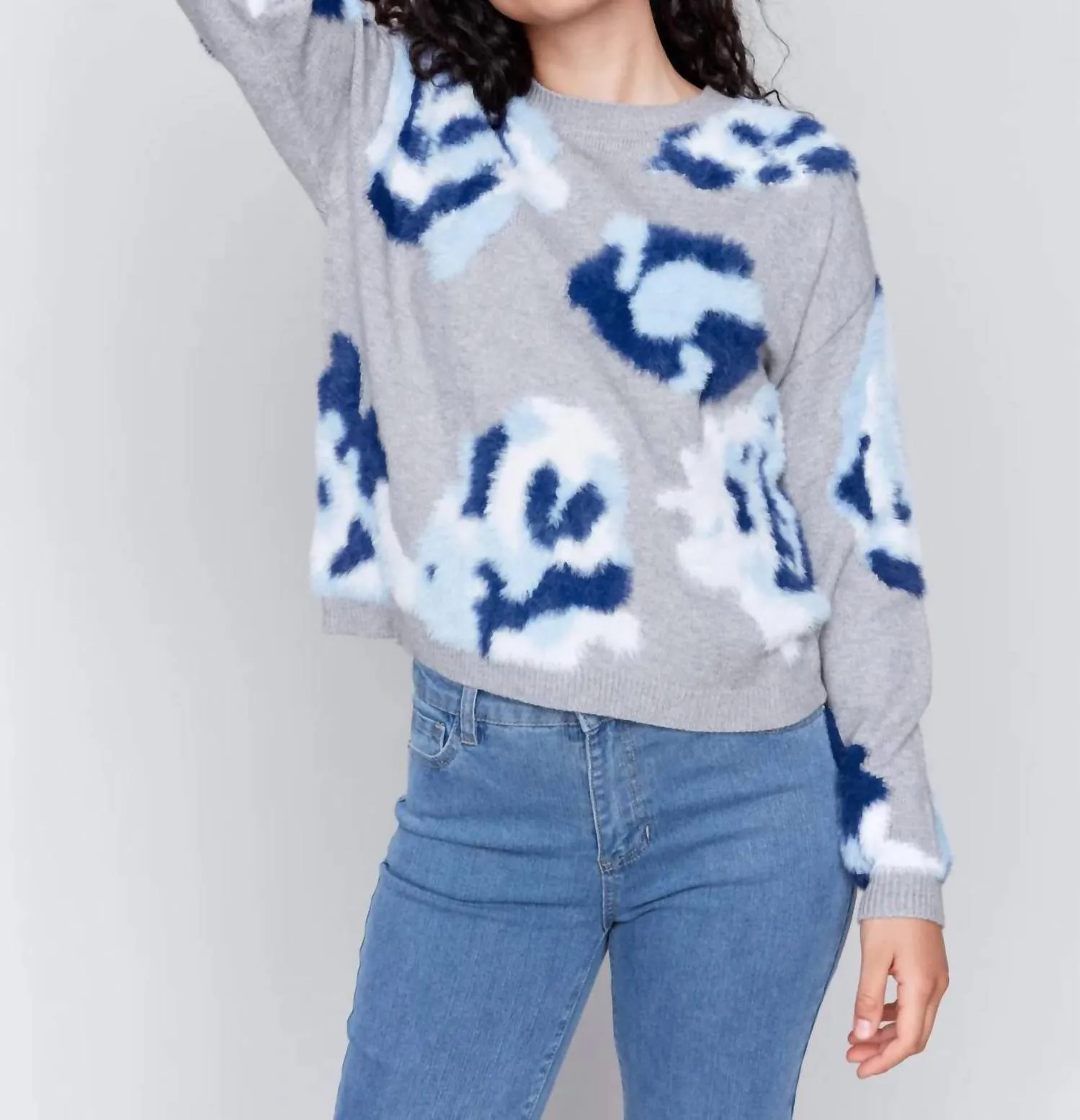 Fuzzy Floral Jacquard Sweater In Grey