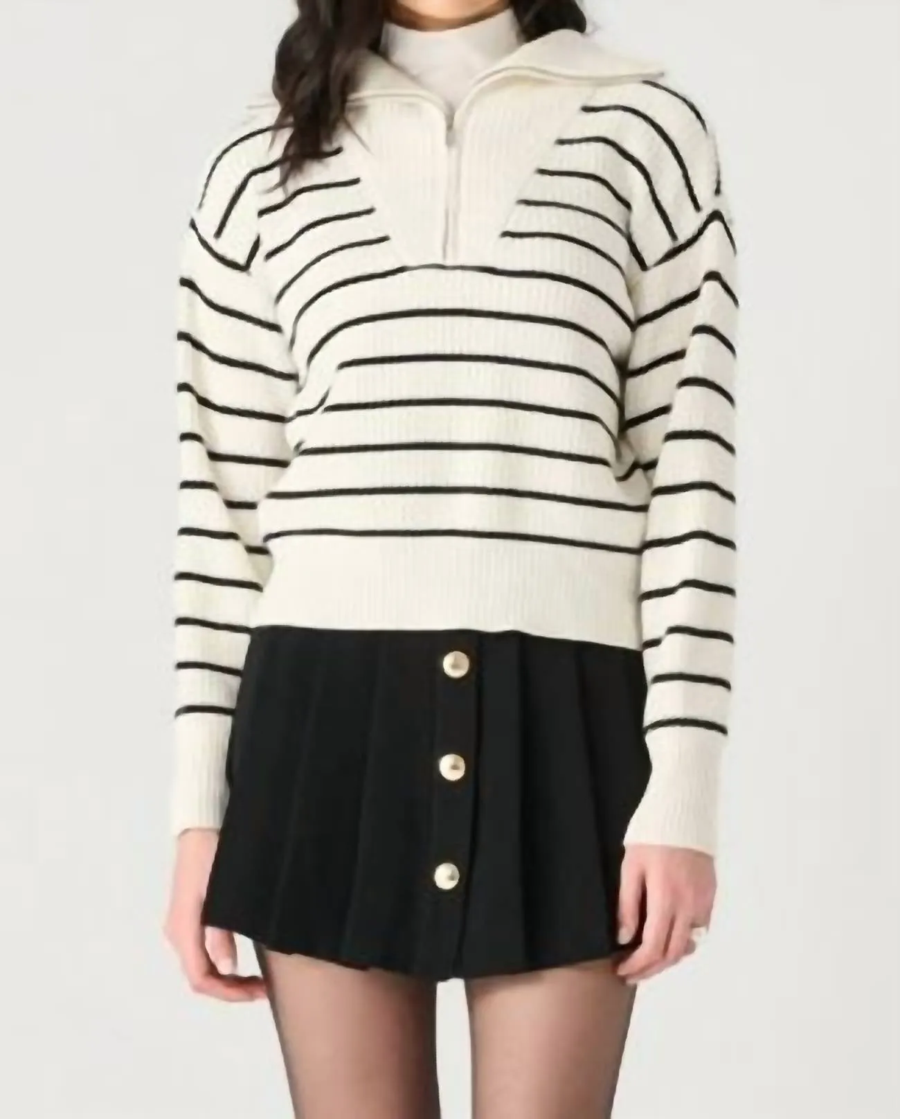 Half Zip Sweater In White/black Stripe