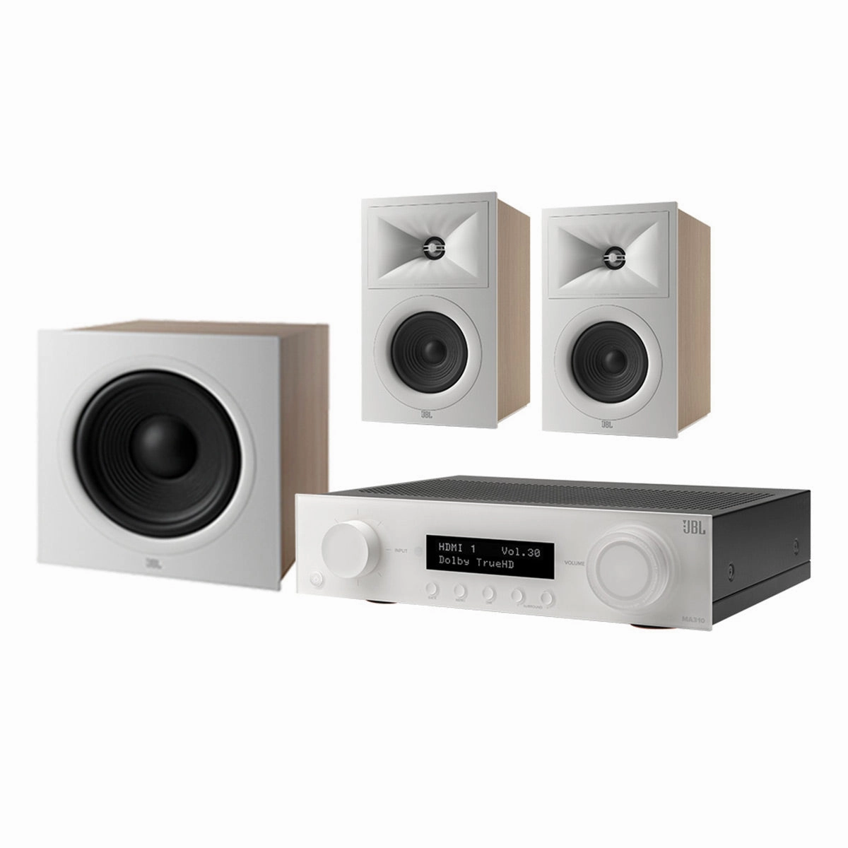 JBL Stage 2.1 Home Theater System with 10 in Sub and 60 Watts/Channel Receiver (White) hi-fi volume knob,hi-fi remote control system,hi-fi smart amplifier