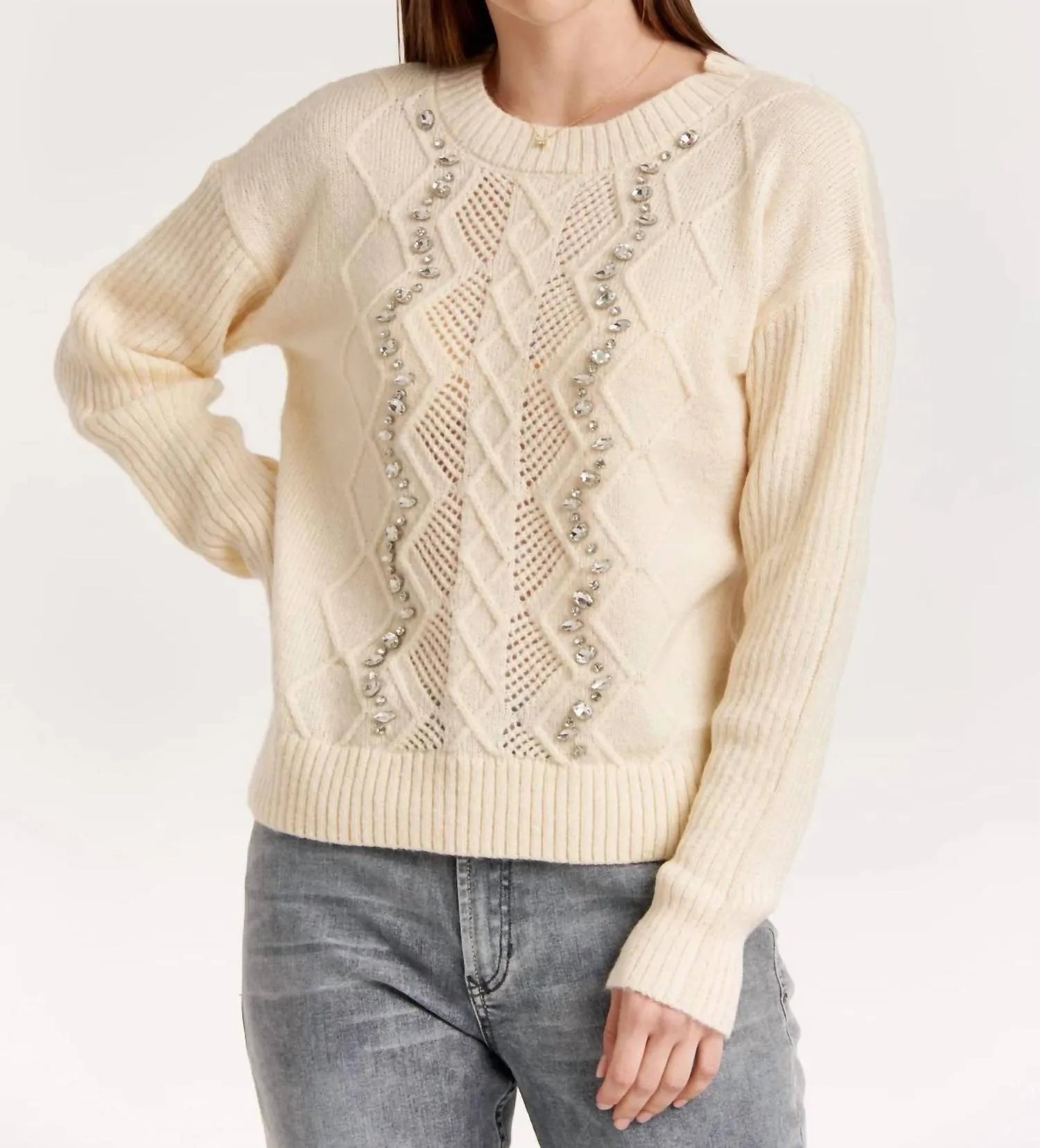 Jewel Detail Drop Shoulder Sweater In Cream