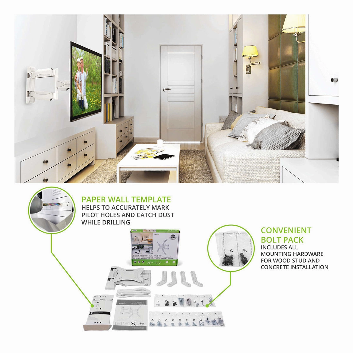 Kanto M300 Full Motion Single Stud TV Mount for 26" - 55" TV (White)