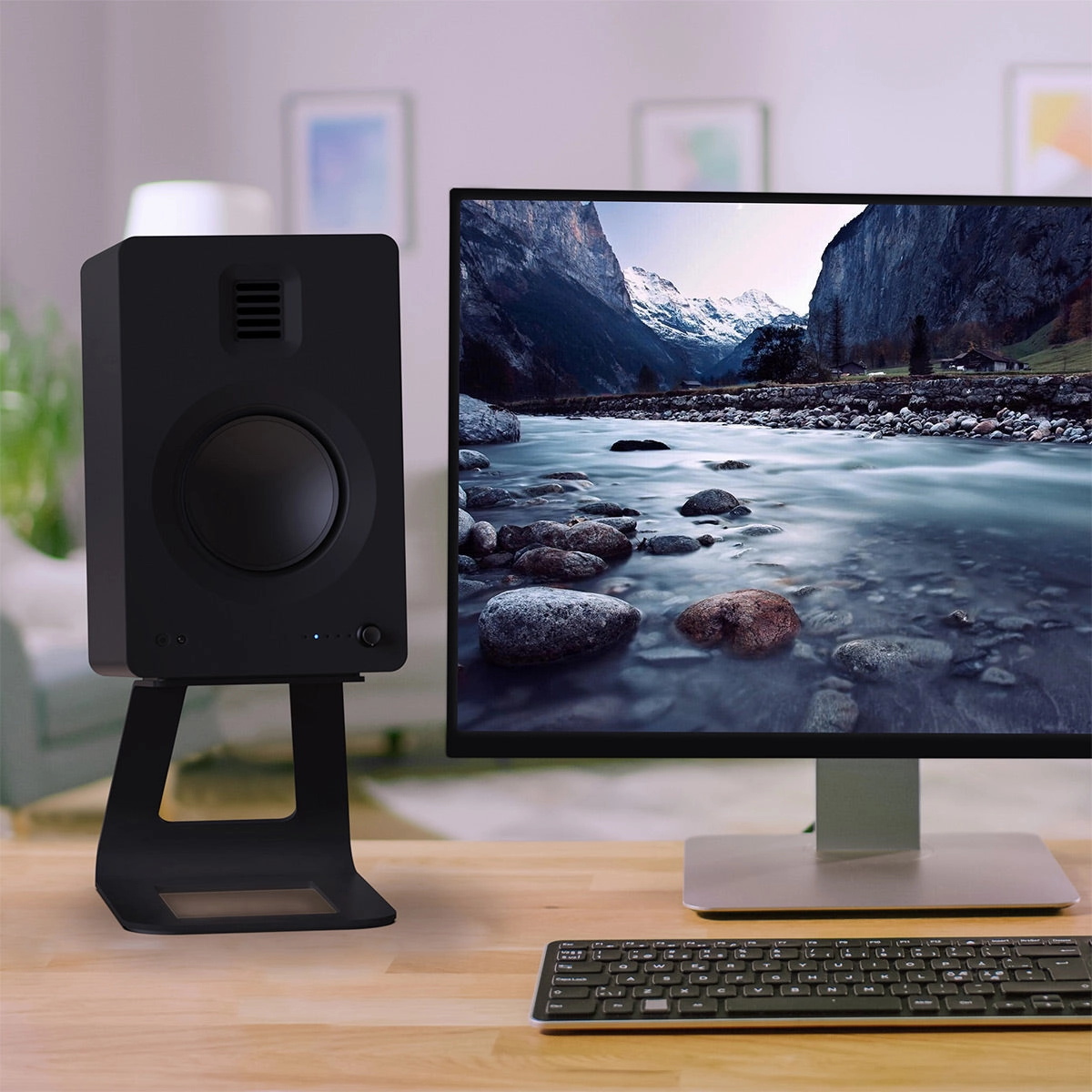 Kanto YU6 Powered Bookshelf Speakers (Walnut) with SE6 Elevated Desktop Speaker Stands (Black)