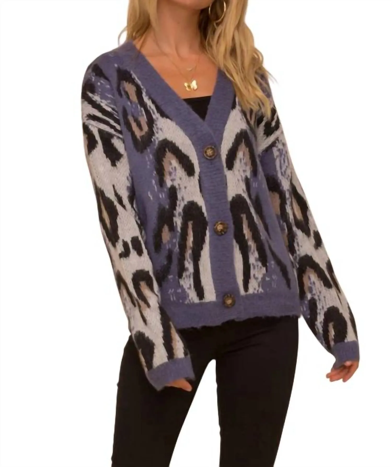 Leopard Jacquard Cardigan In Blue