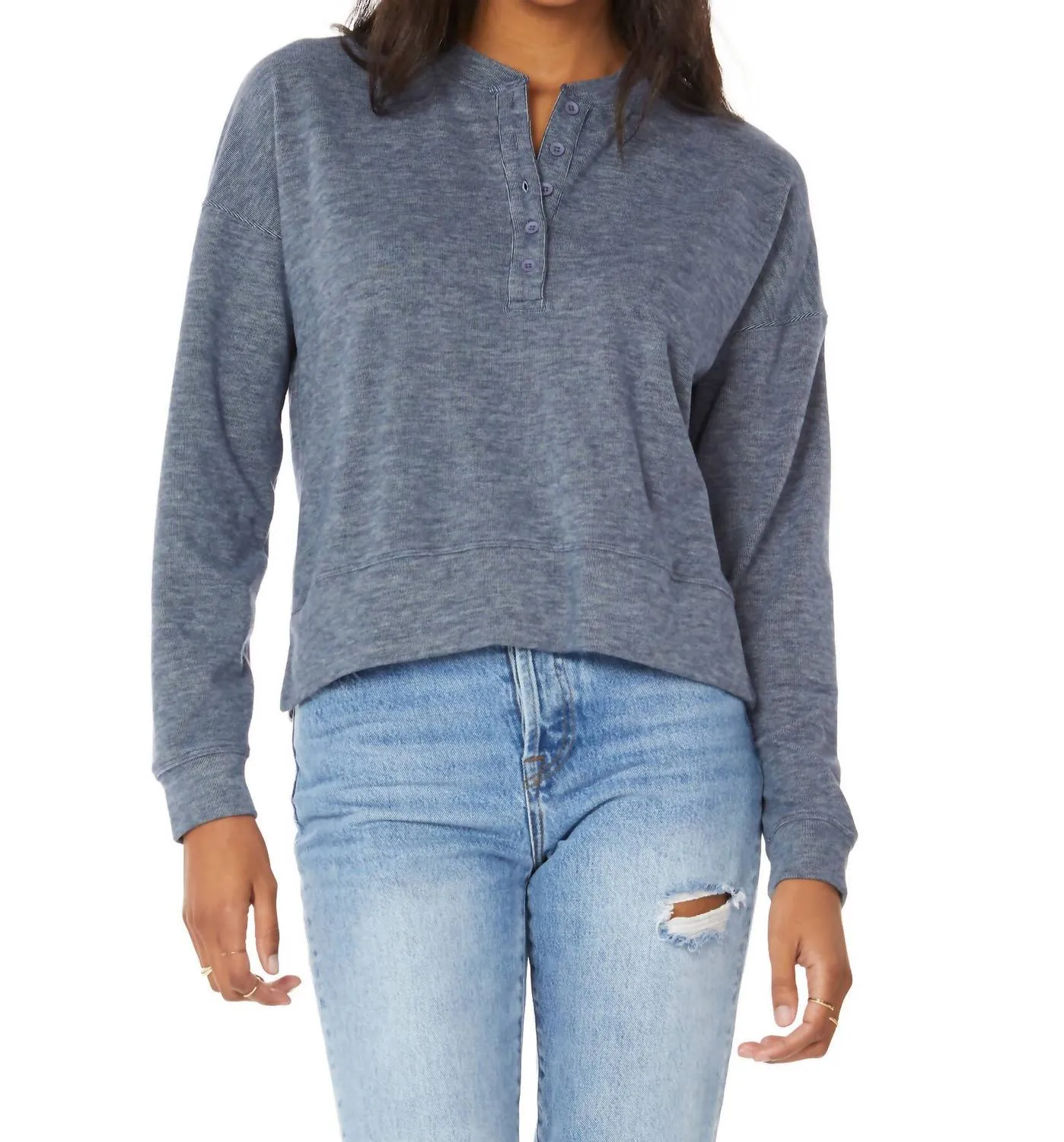 Long Sleeve Boxy Henley Sweatshirt In Blue