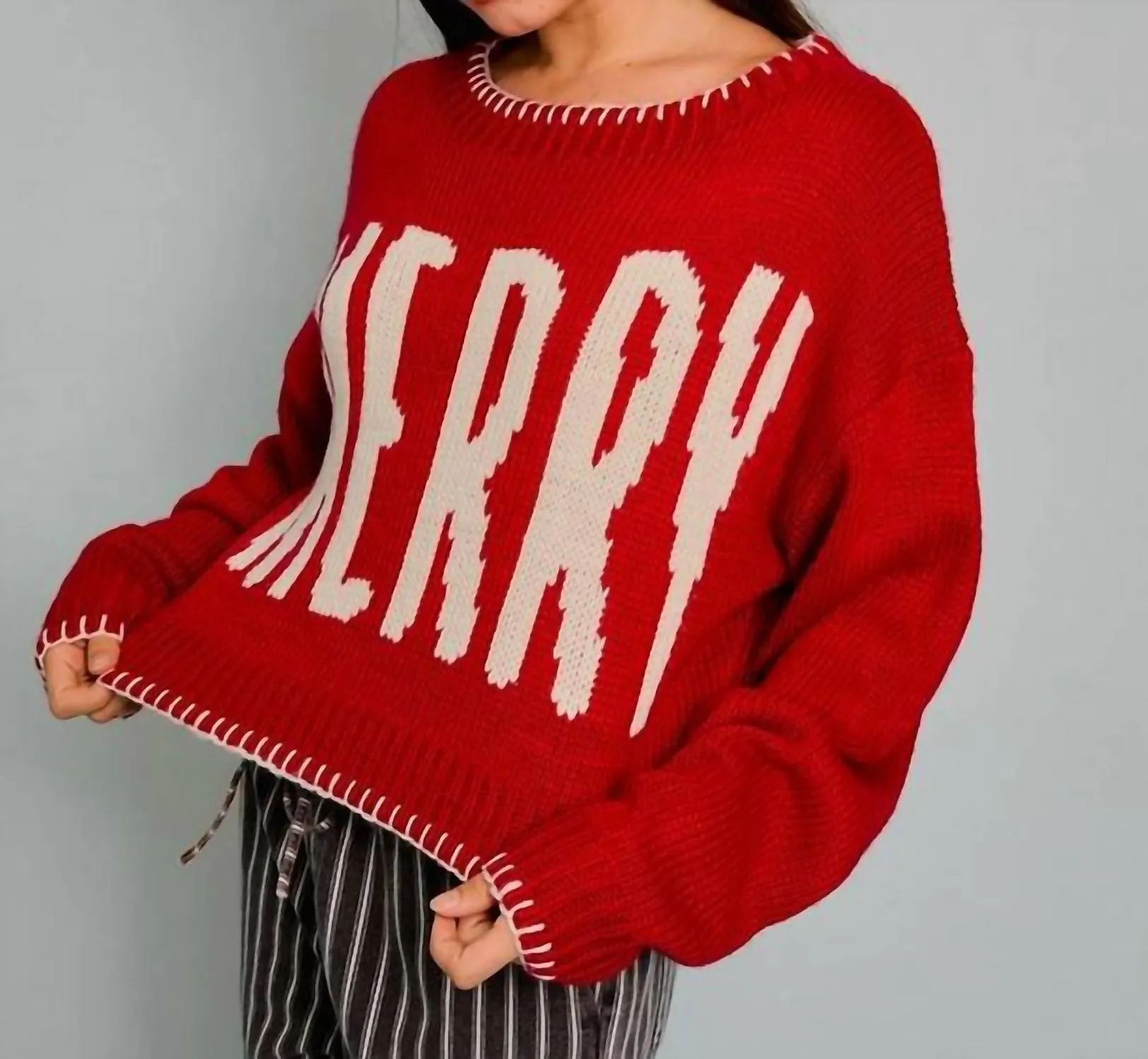 Merry Boat Neck Crop Sweater In Red