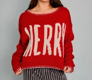 Merry Boat Neck Crop Sweater In Red