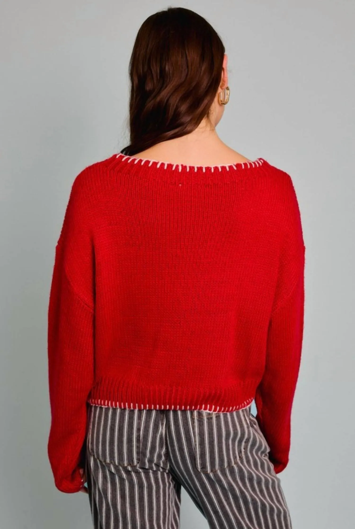 Merry Boat Neck Crop Sweater In Red