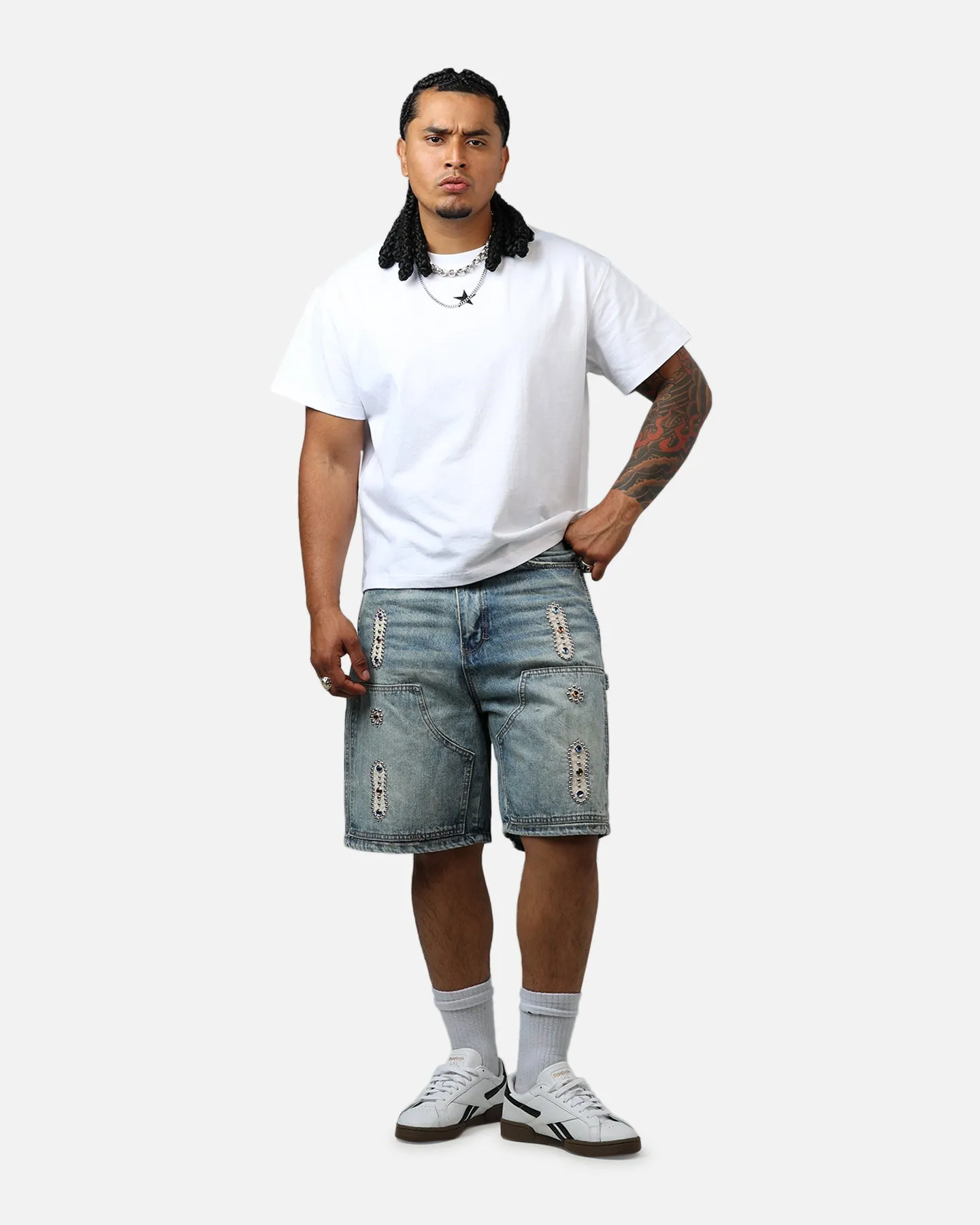 MNML Double Western Jewel Denim Shorts Blue
