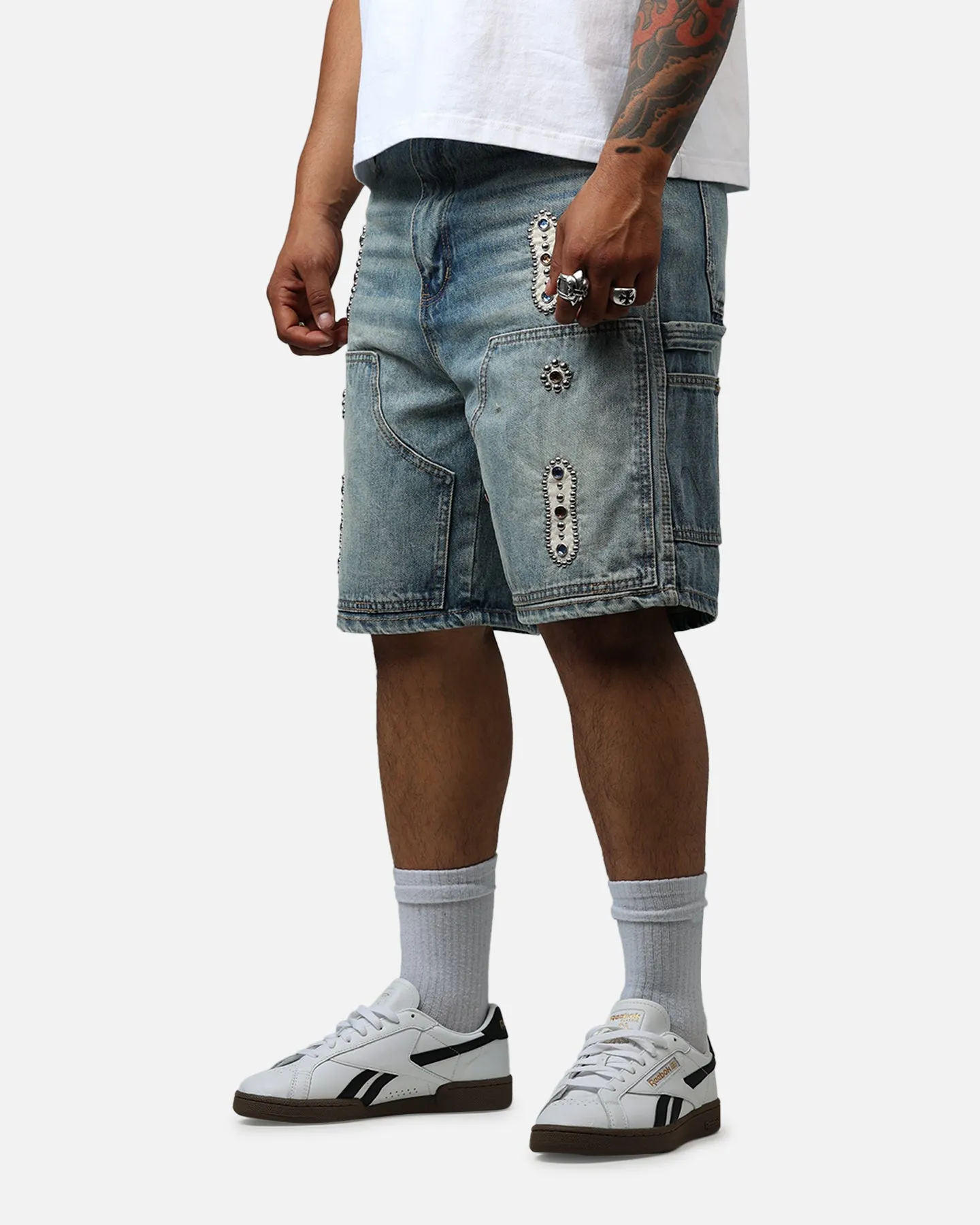 MNML Double Western Jewel Denim Shorts Blue
