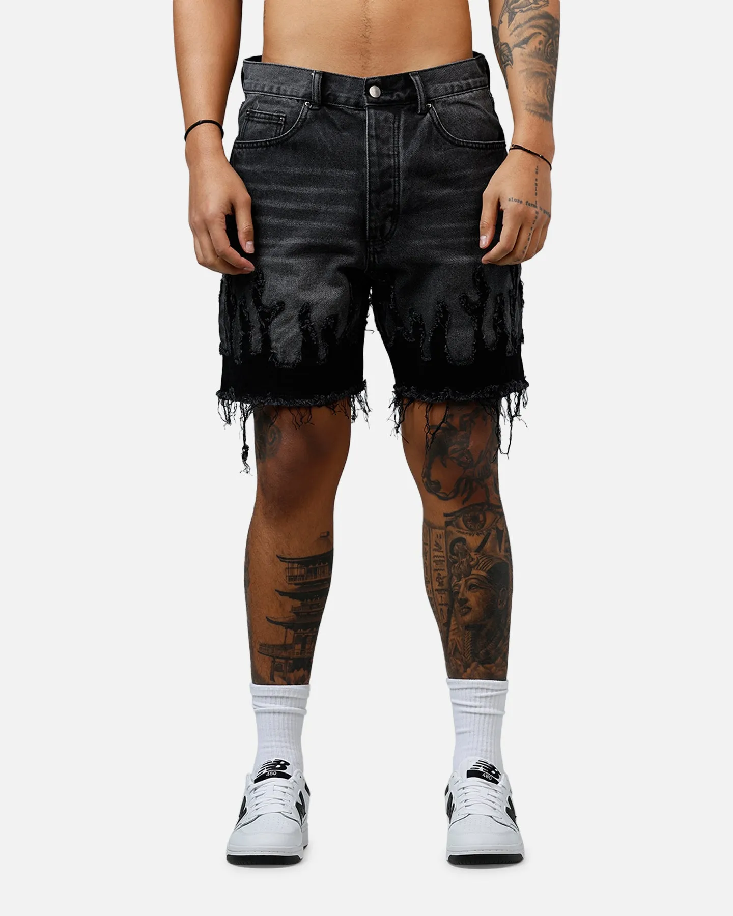 MNML Flame Denim Shorts Washed Black
